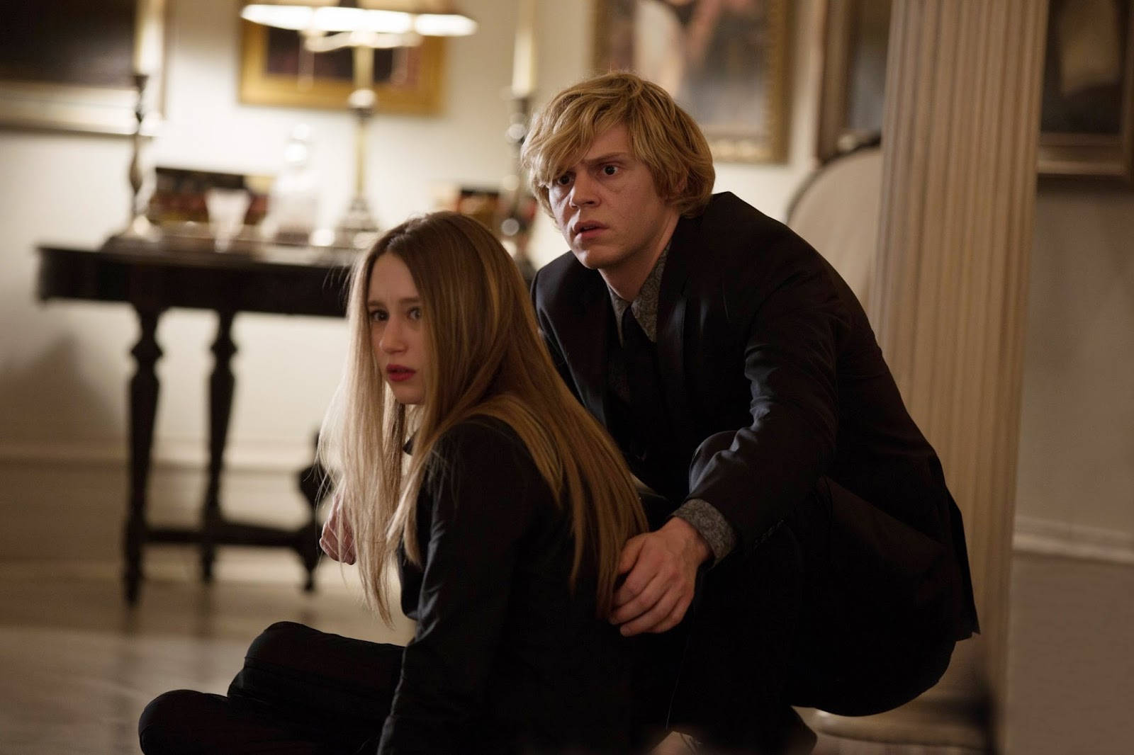 Tate Langdon, dimly lit ornate room, two young people, HD Desktop Wallpaper