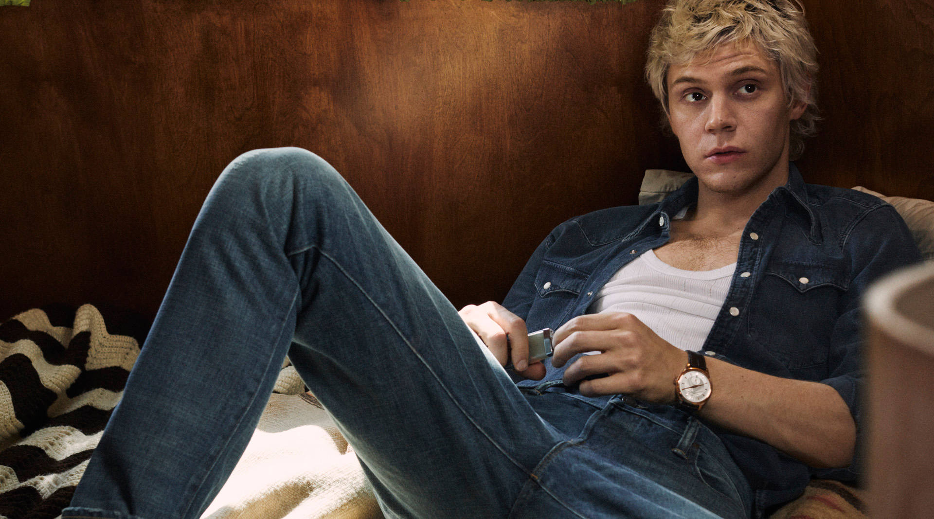 Tate Langdon, blonde hair, jeans, Full HD Desktop Wallpaper