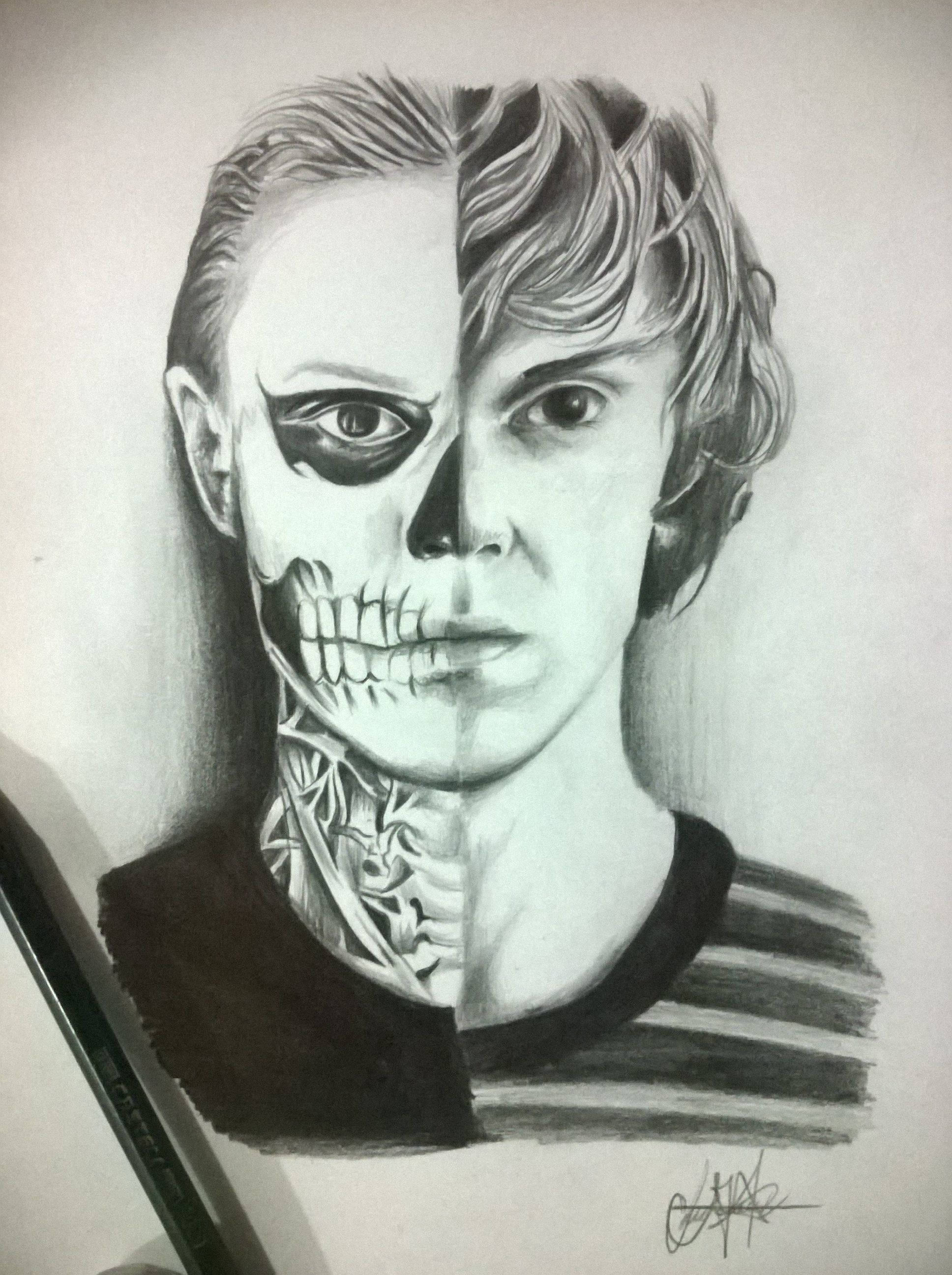 Tate Langdon, half face, pencil drawing, 2K Phone Wallpaper