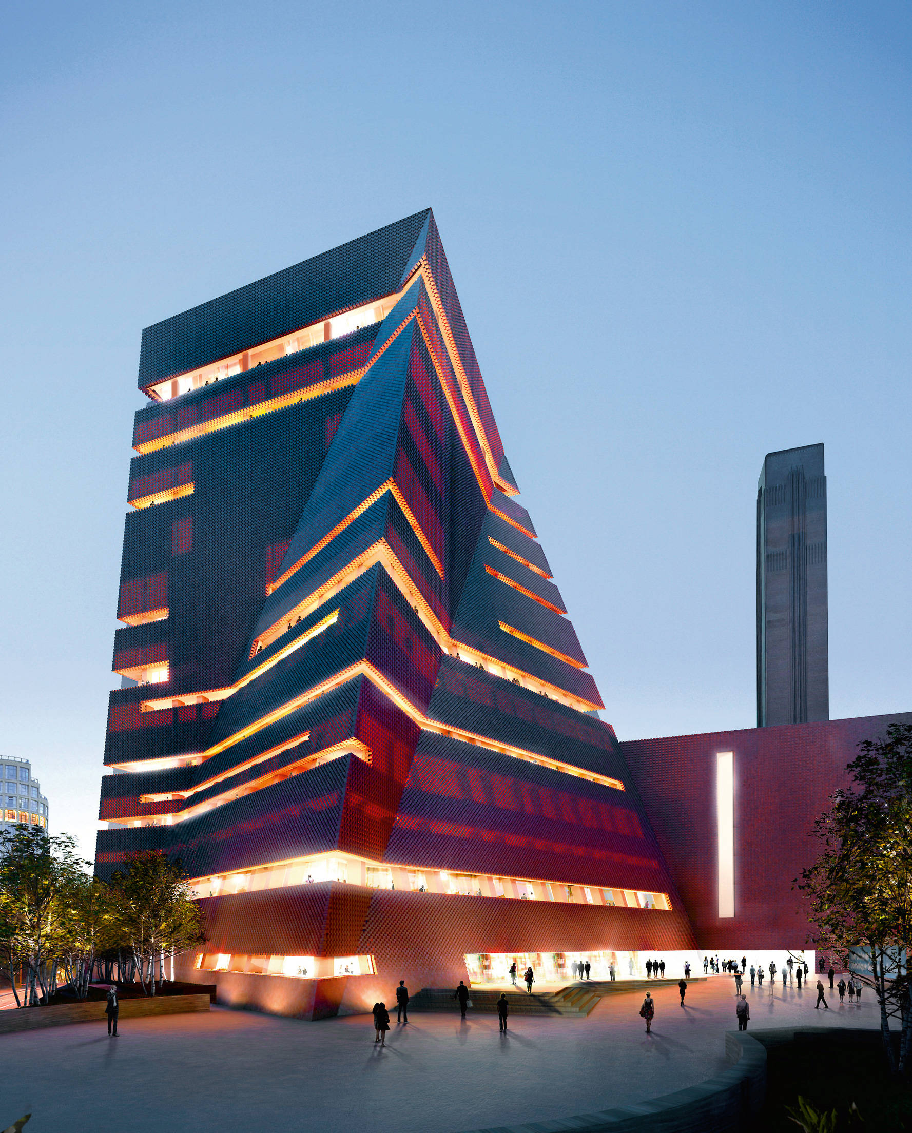 Tate Modern, glowing orange lights, geometric facets, Full HD Phone Wallpaper