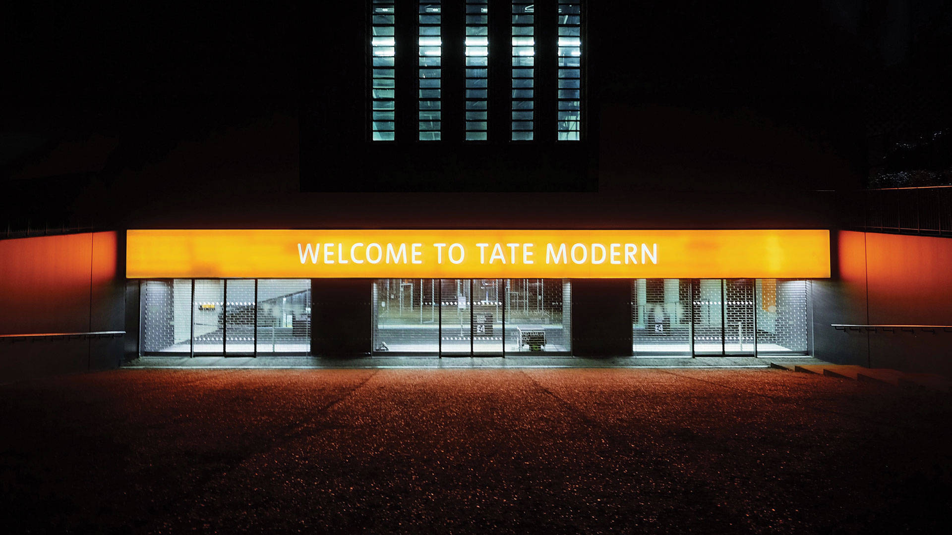 Tate Modern, glowing orange sign, night, Full HD Desktop Wallpaper