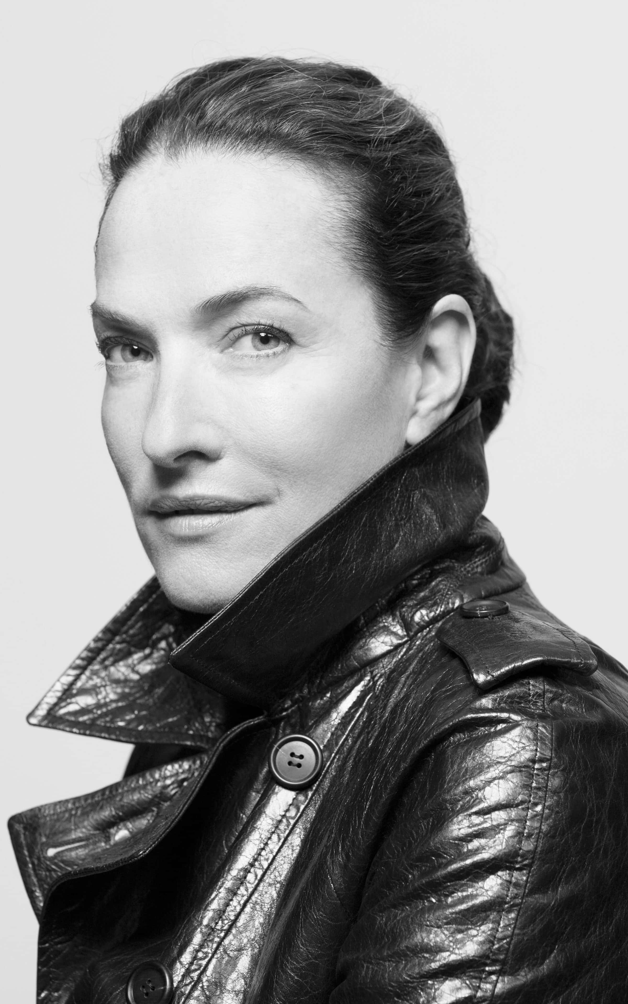 Tatjana Patitz, leather jacket, confident gaze, 4K Phone Wallpaper