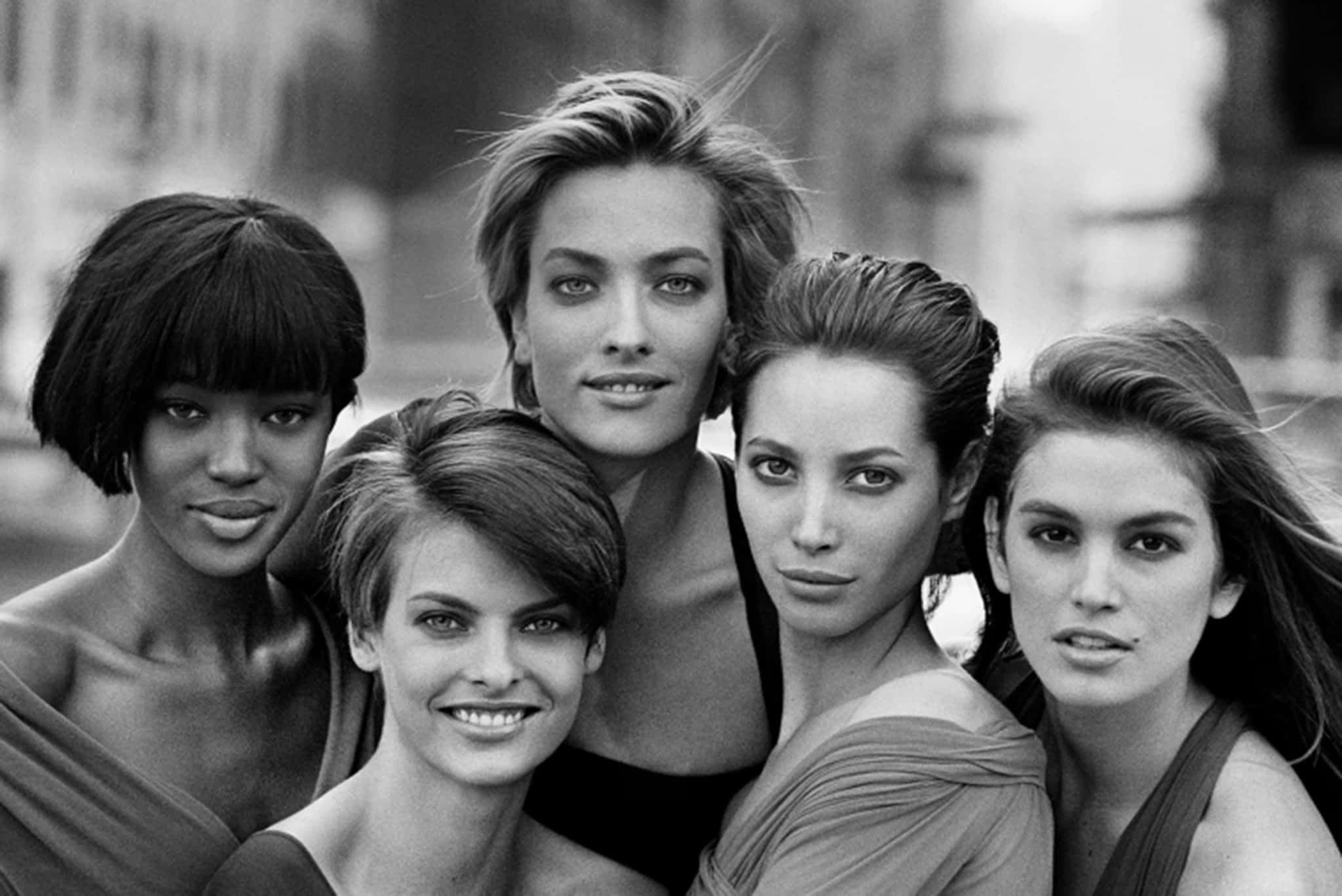 Tatjana Patitz, black and white portrait, five confident women, Full HD Desktop Wallpaper