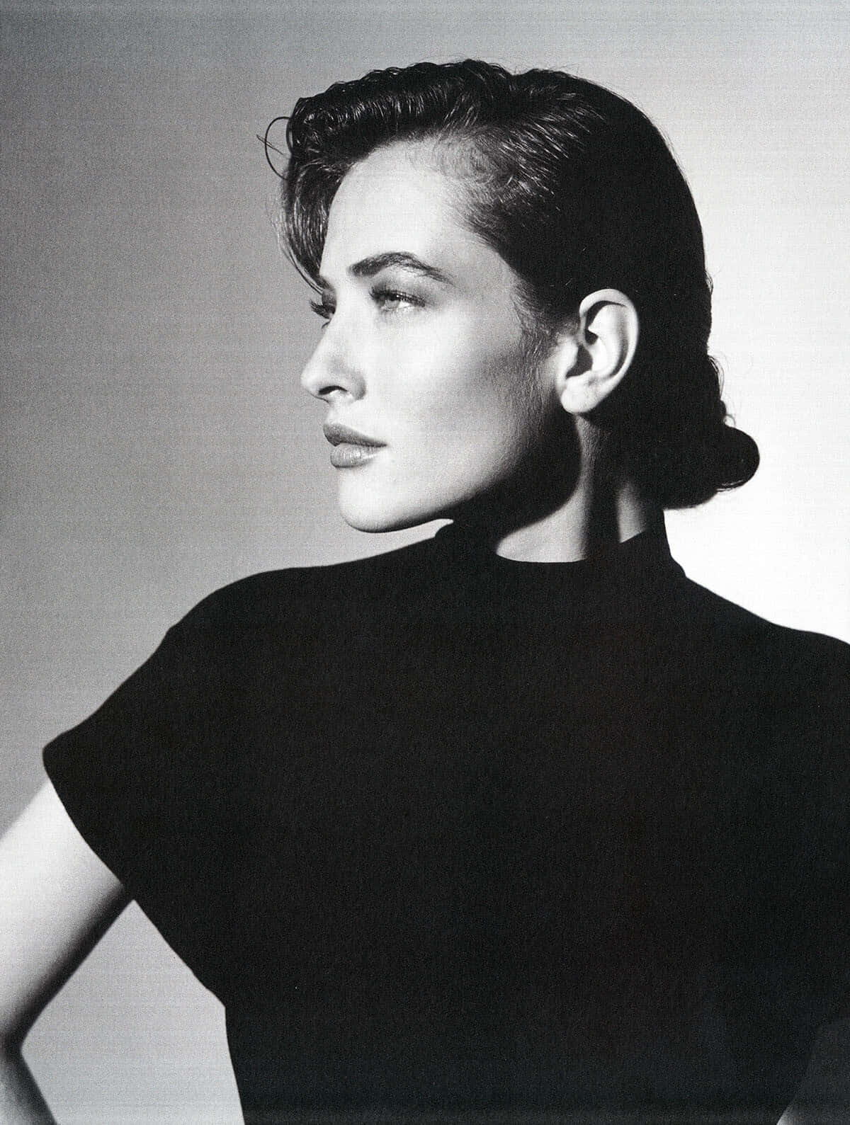 Tatjana Patitz, black and white portrait, profile, HD Phone Wallpaper