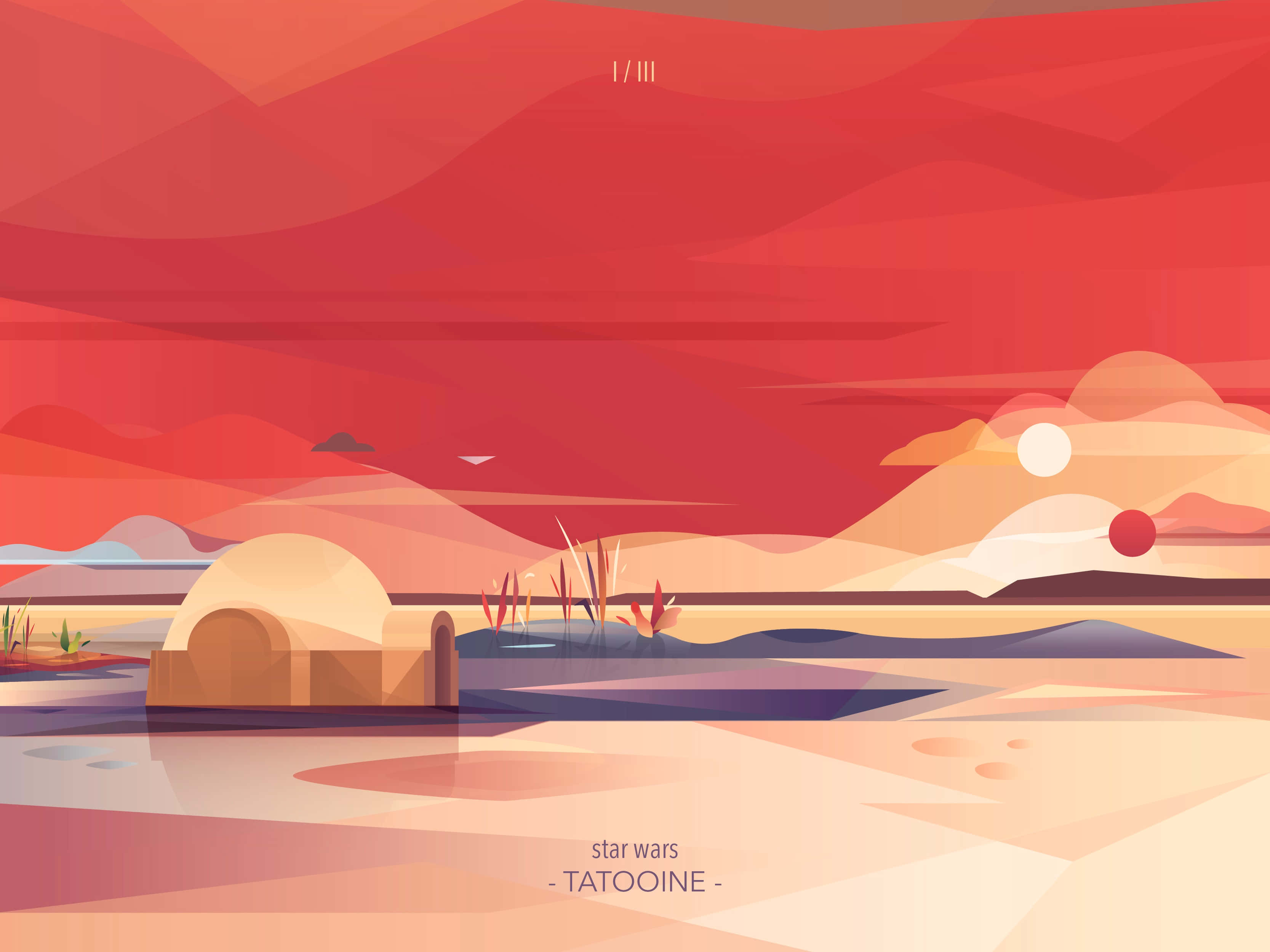 Tatooine, twin suns, desert landscape, 2K Desktop Wallpaper