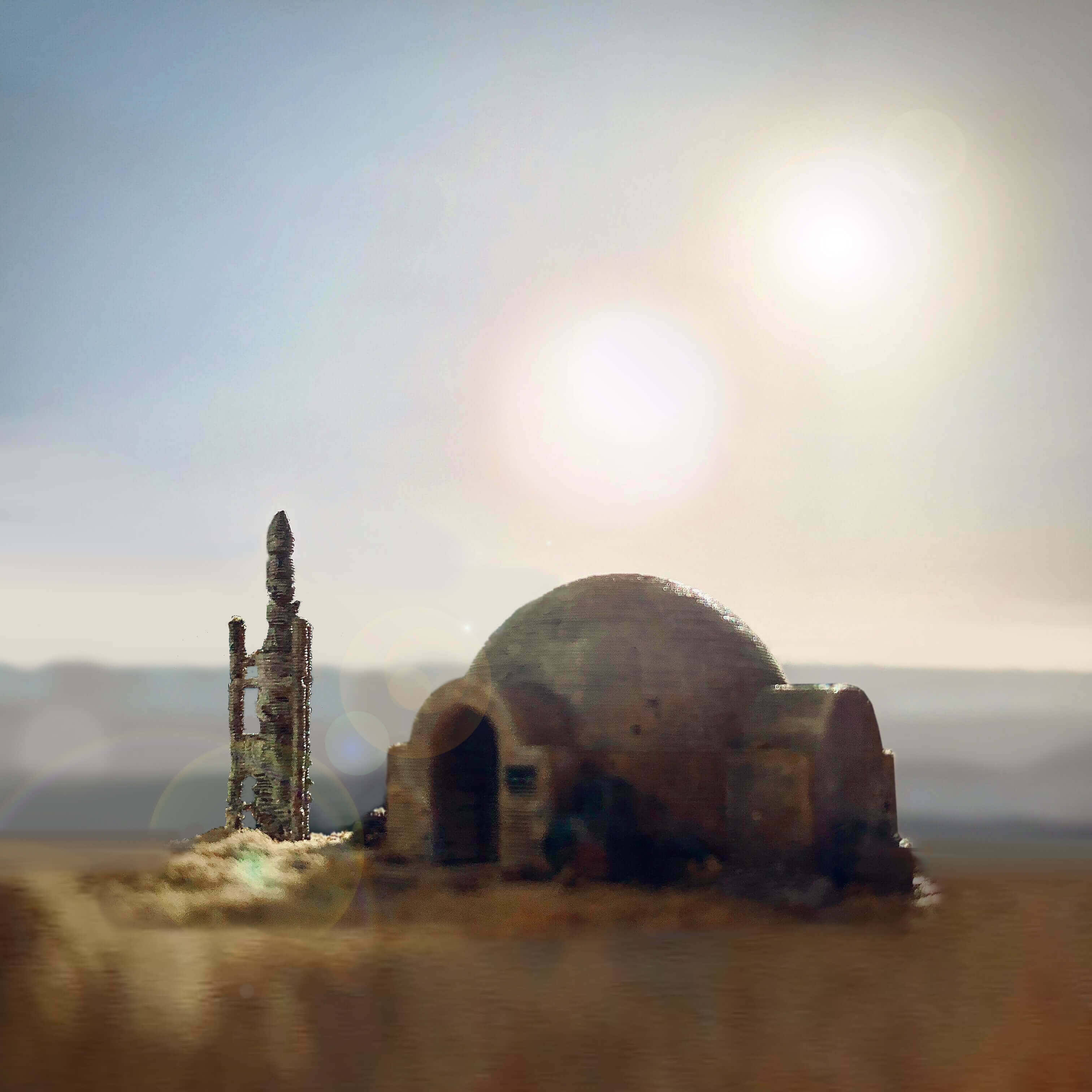 Tatooine, dome-shaped hut, tall tower, 2K Desktop Wallpaper