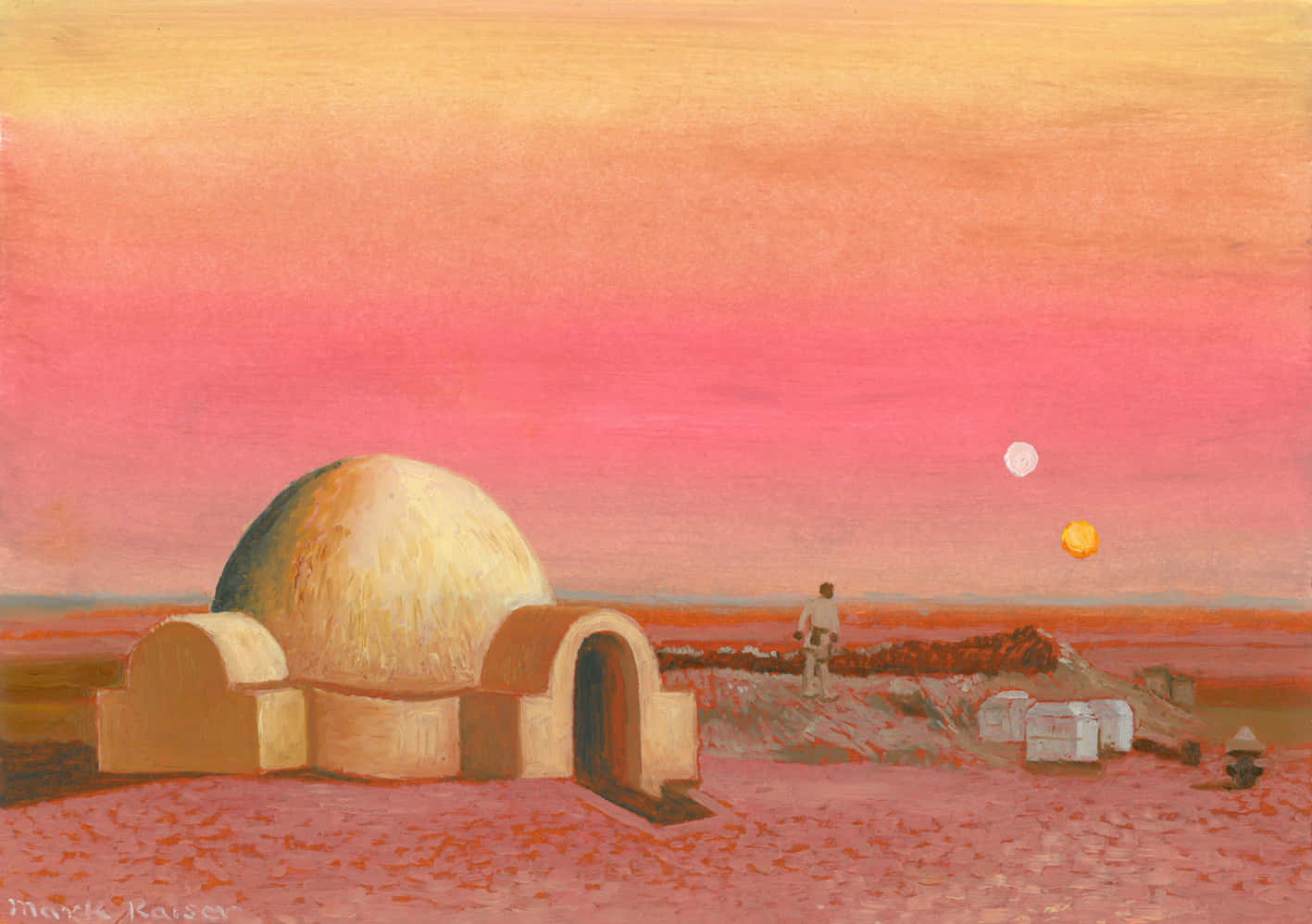 Tatooine, domed desert dwelling, surreal pink and orange sky, HD Desktop Wallpaper