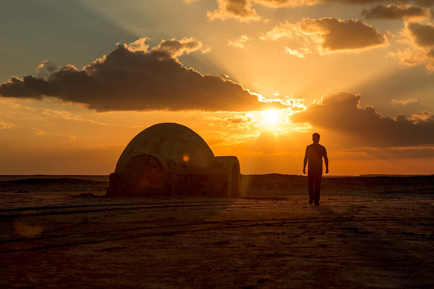 Tatooine, domed structure, dramatic sunset, HD Desktop Wallpaper