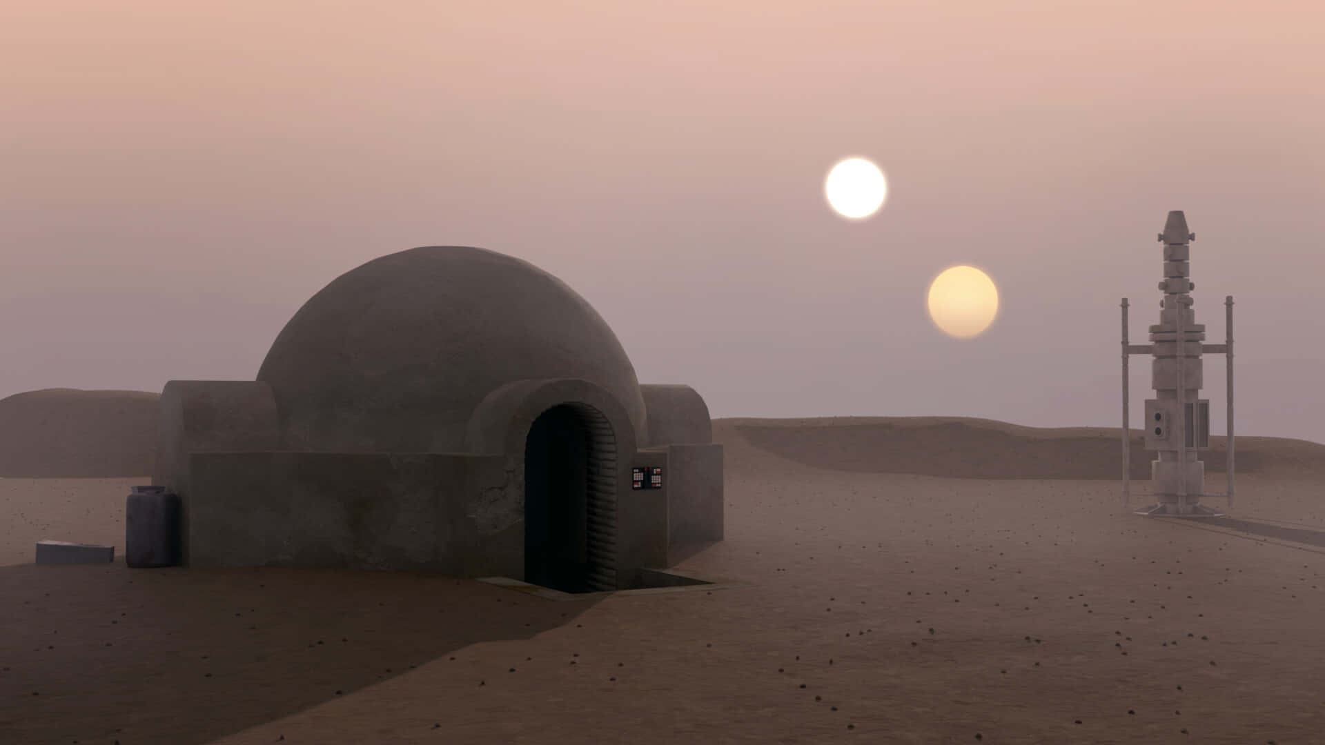 Tatooine, twilight sky, two glowing suns, Full HD Desktop Wallpaper