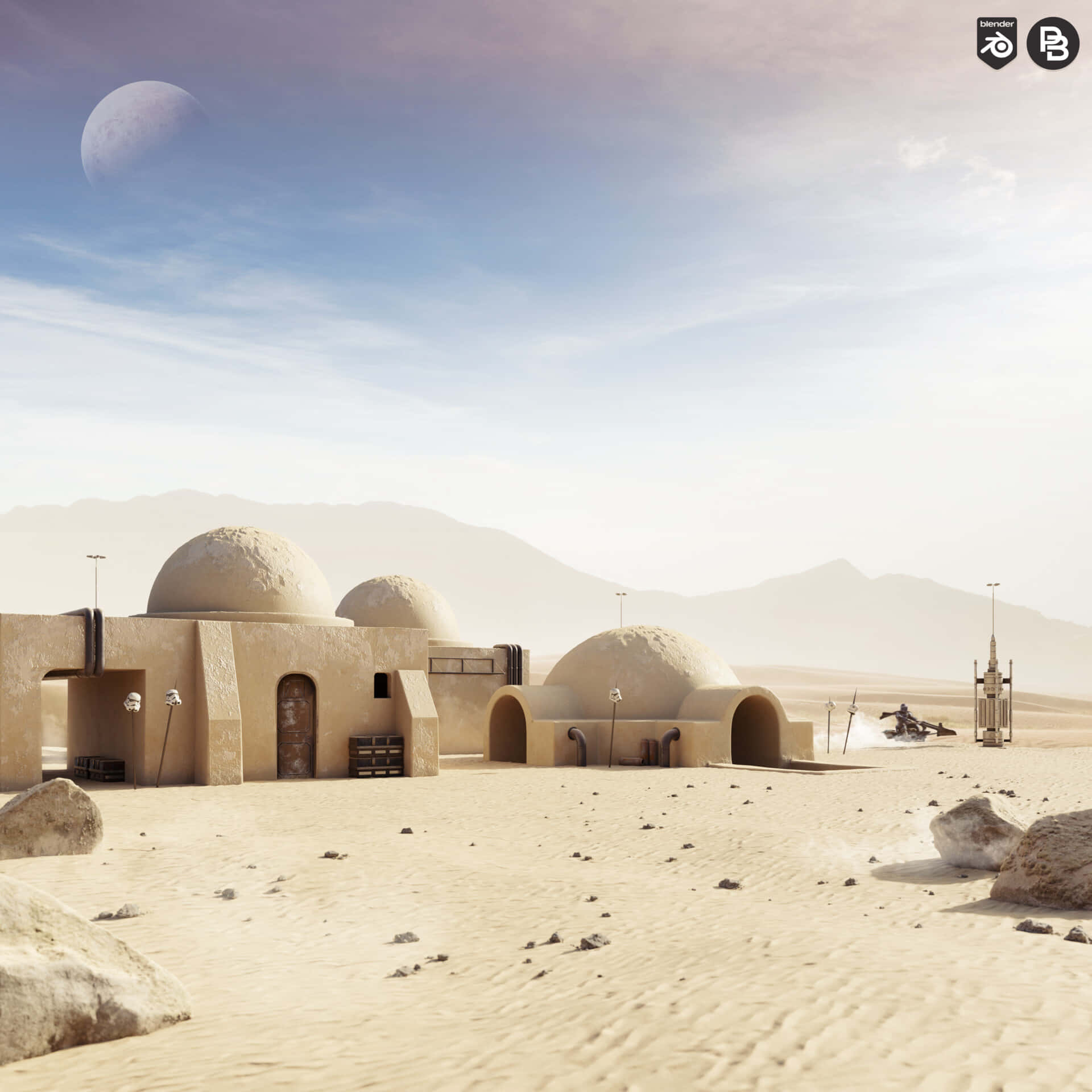 Tatooine, dome-shaped buildings, blue sky, Full HD Desktop Wallpaper