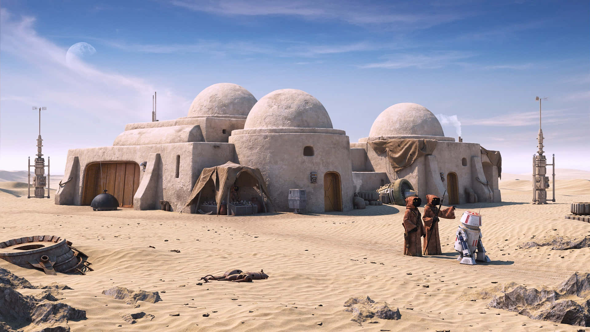 Tatooine, dome-shaped buildings, blue sky, Full HD Desktop Wallpaper