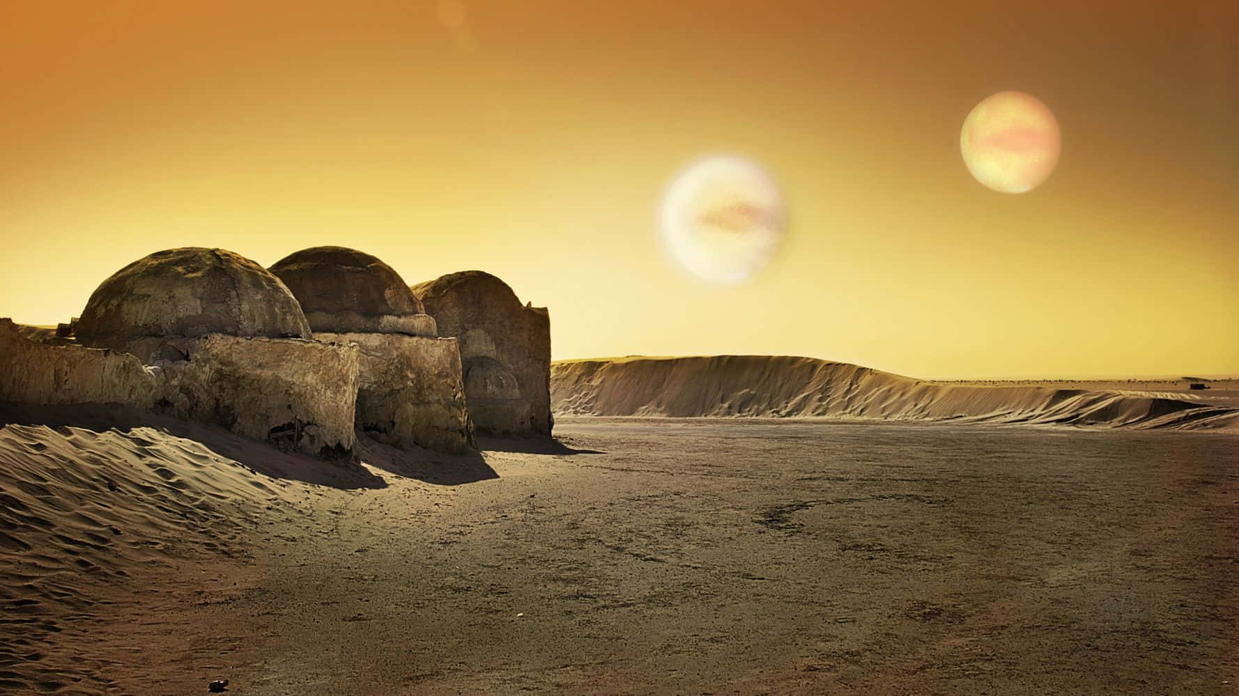 Tatooine, two glowing suns, desert planet, HD Desktop Wallpaper
