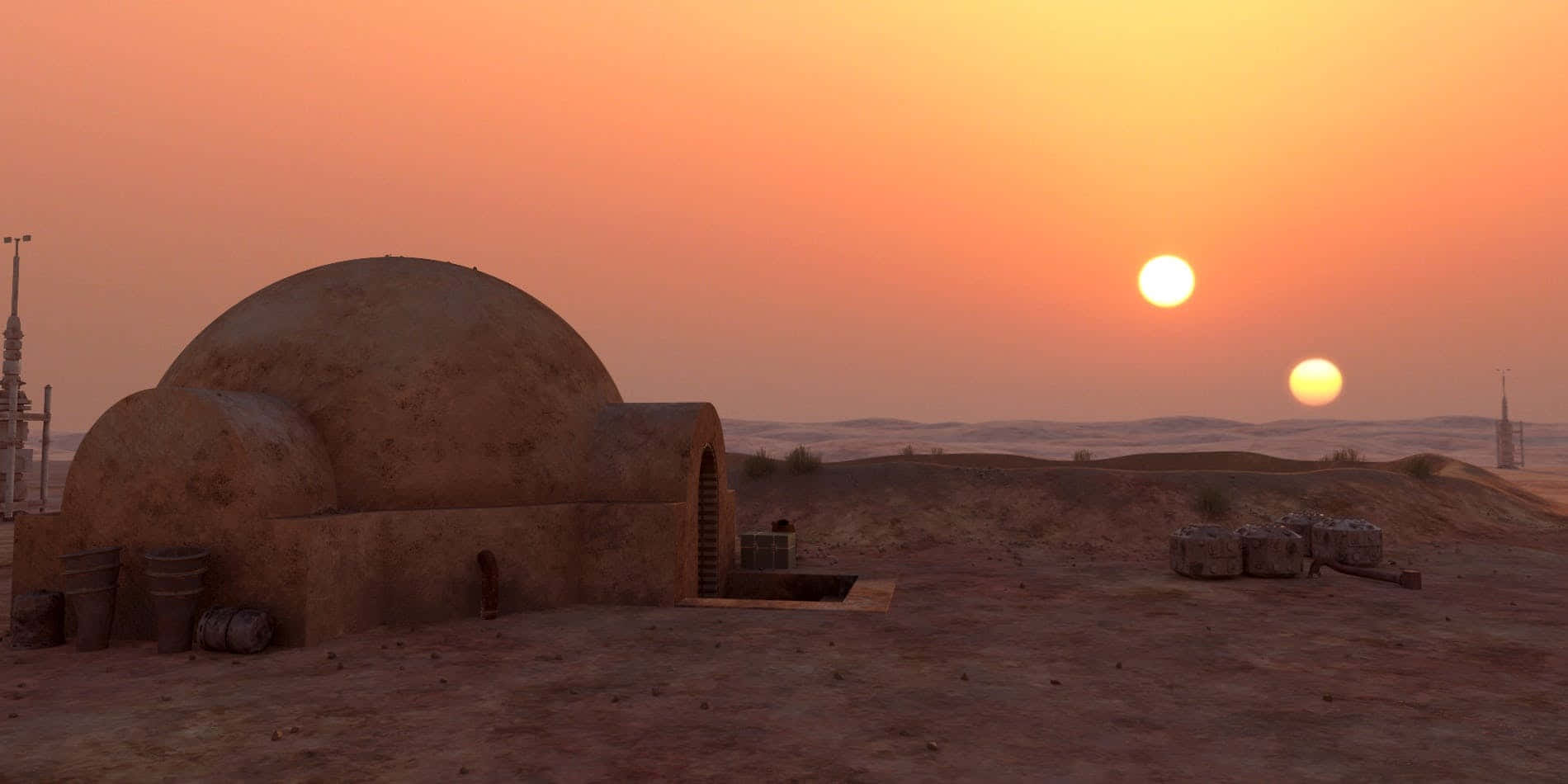 Tatooine, double sun setting, domed desert dwelling, HD Desktop Wallpaper