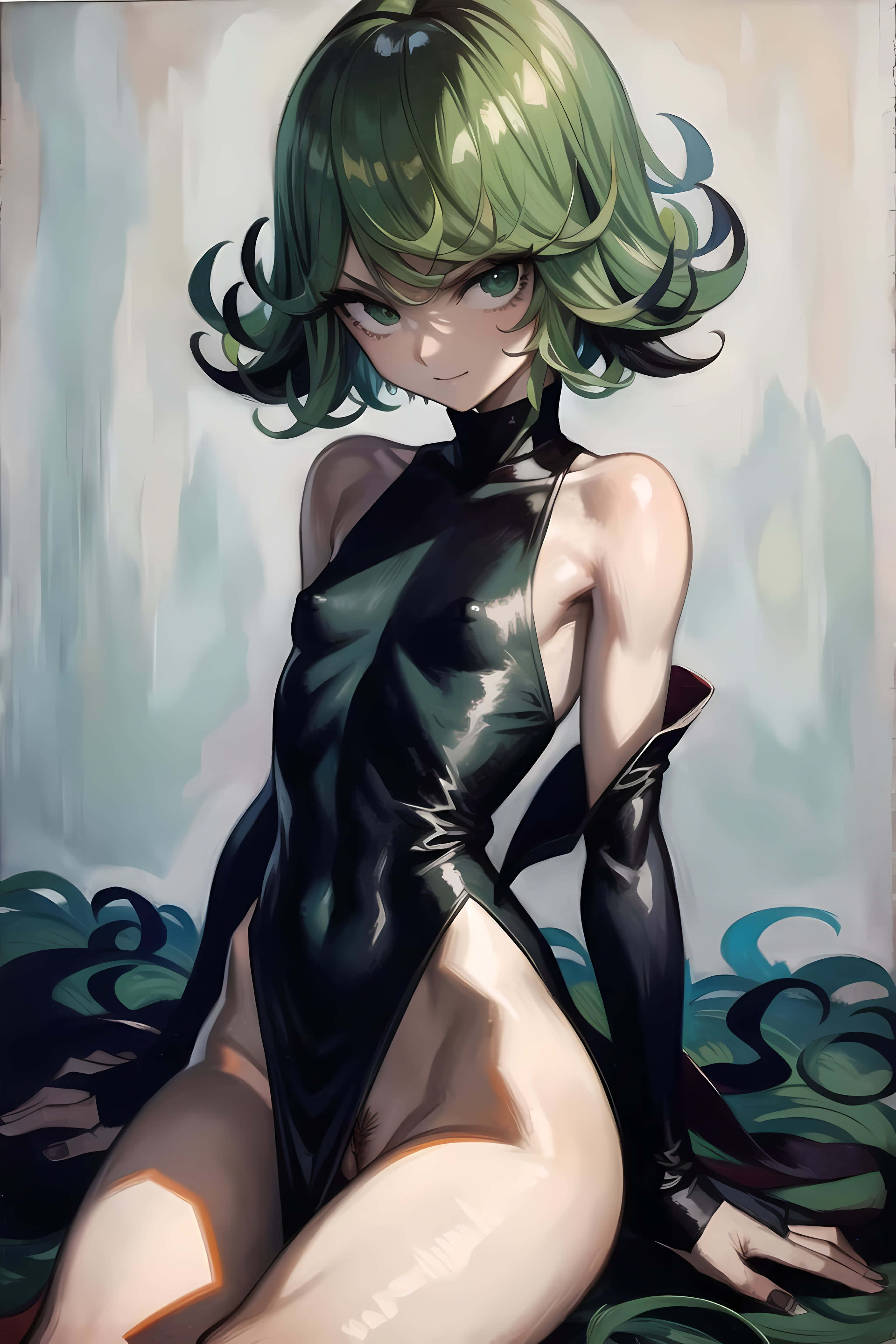 Tatsumaki, green-haired anime girl, glossy black bodysuit, 4K Phone Wallpaper