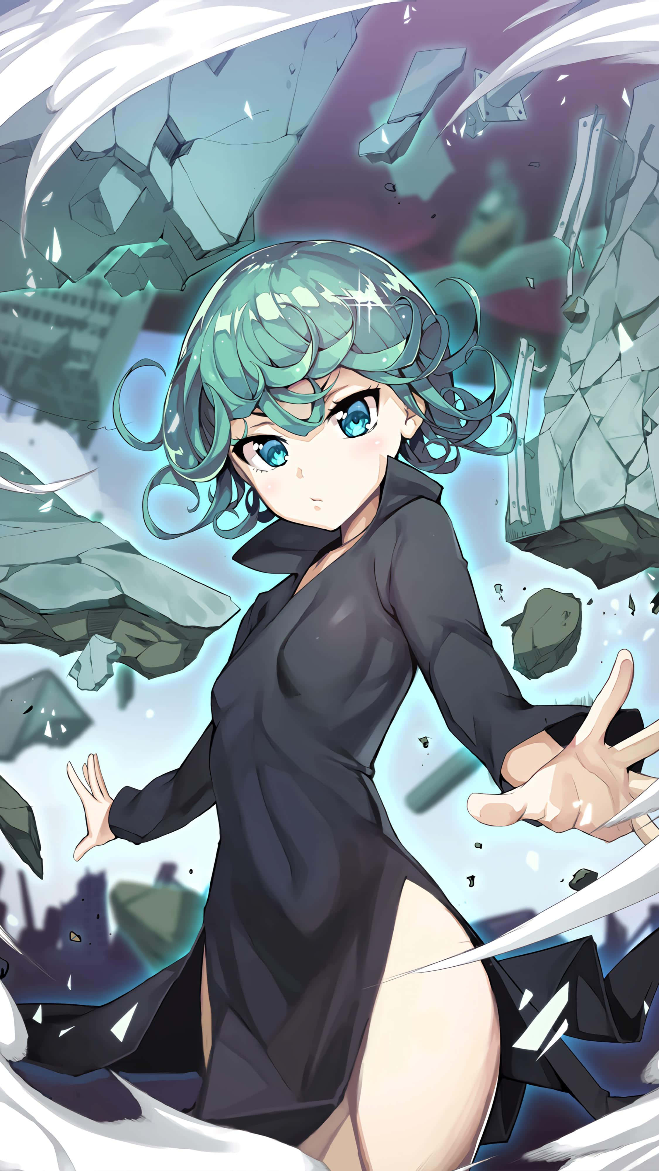 Tatsumaki, teal-haired anime girl, black dress, 4K Phone Wallpaper
