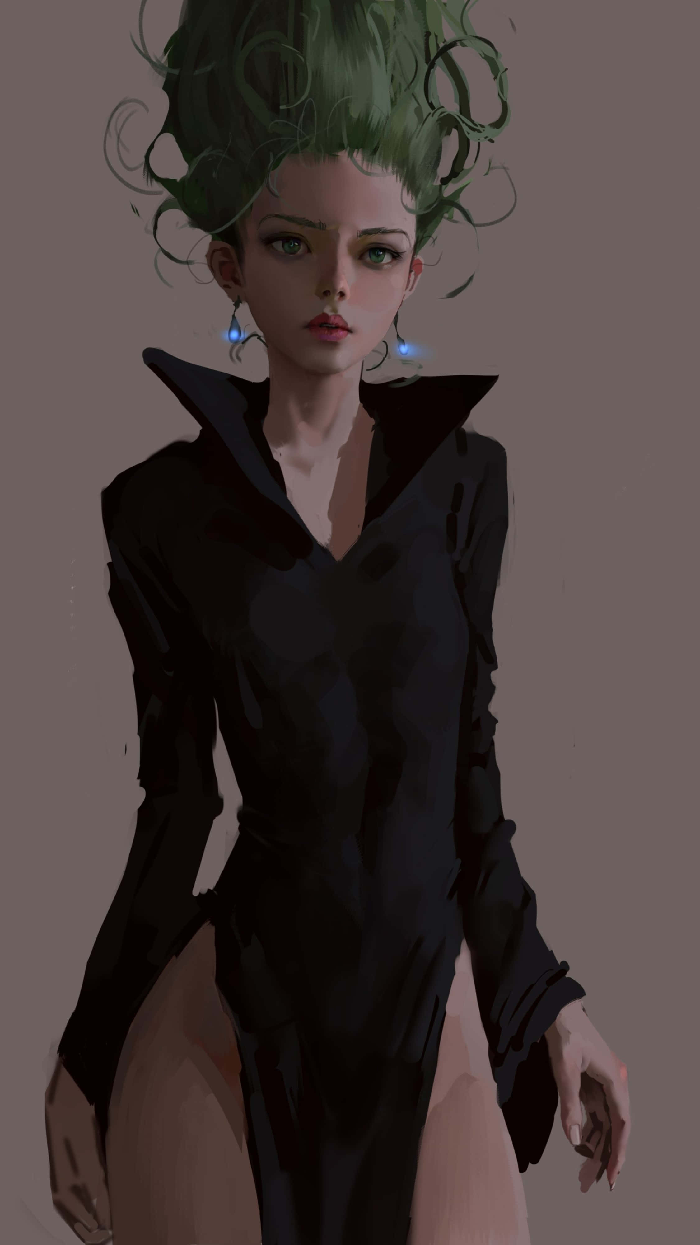 Tatsumaki, green hair, glowing blue earrings, 4K Phone Wallpaper