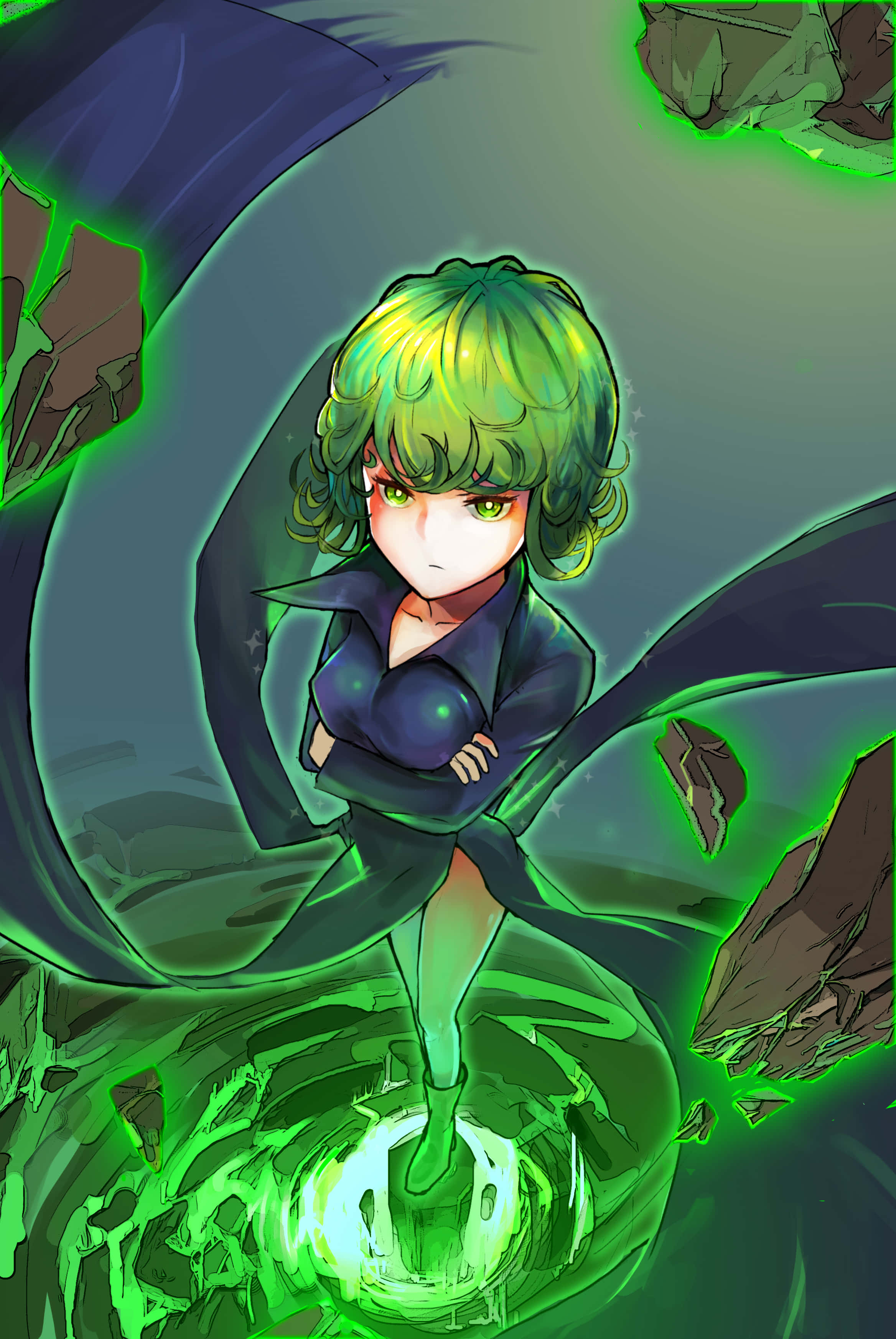 Tatsumaki, green hair, glowing eyes, 2K Phone Wallpaper