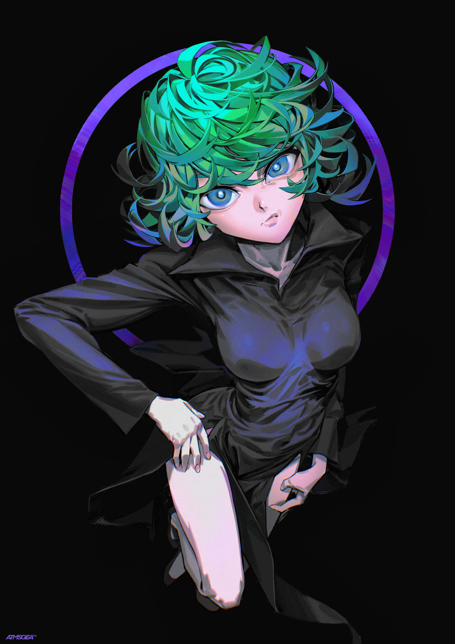Tatsumaki, vibrant green hair, blue eyes, 2K Phone Wallpaper