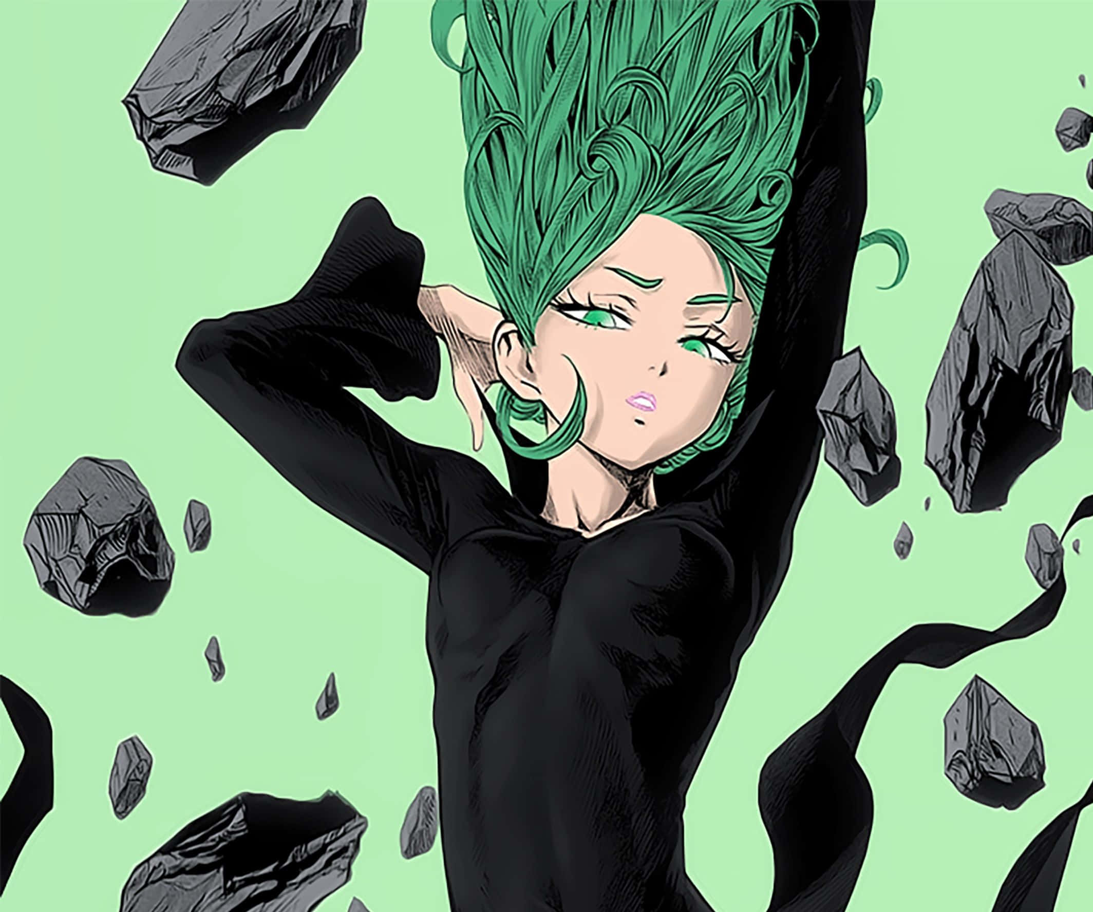 Tatsumaki, green-haired anime girl, black outfit, Full HD Desktop Wallpaper