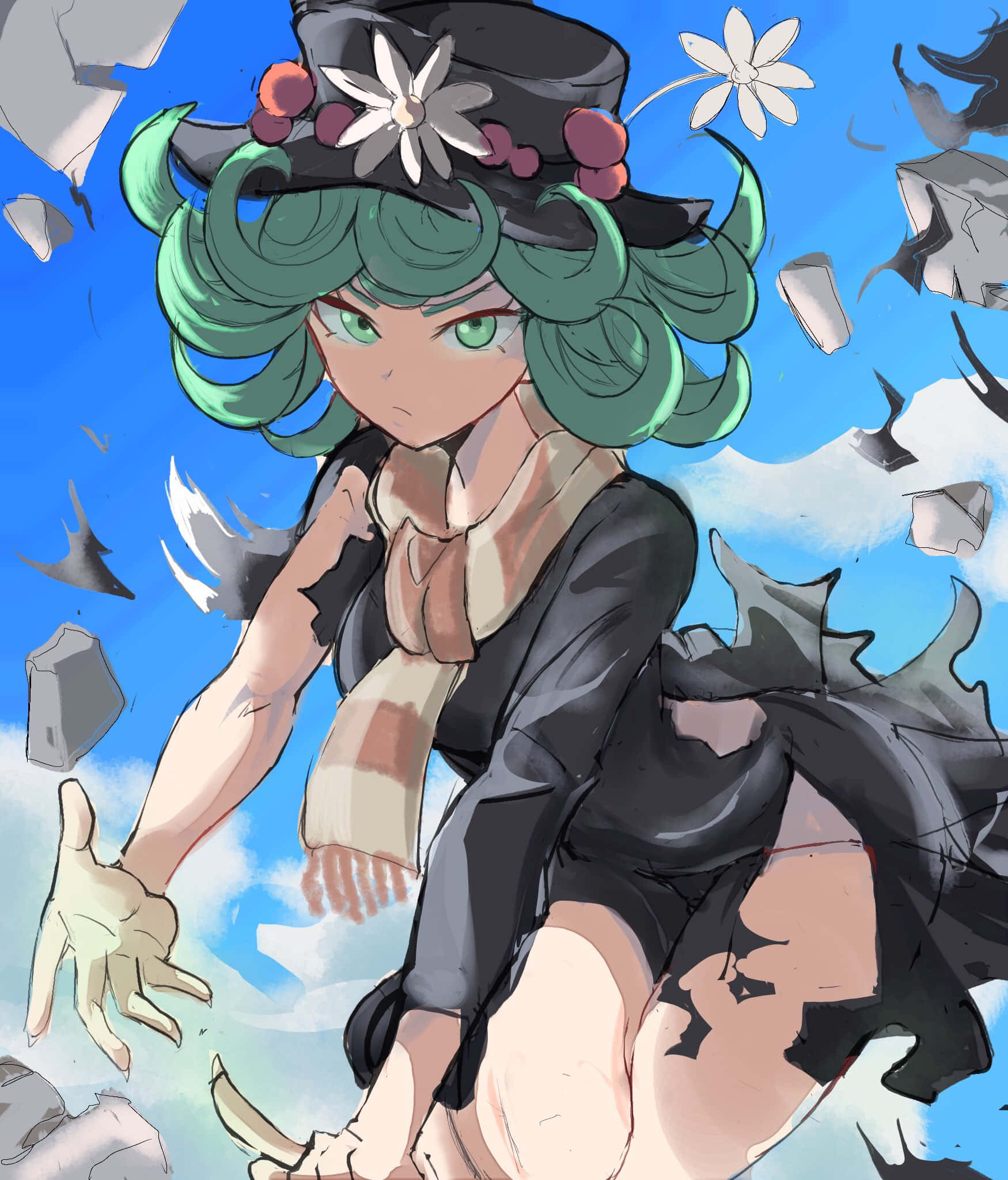 Tatsumaki, green-haired anime girl, black hat, Full HD Phone Wallpaper