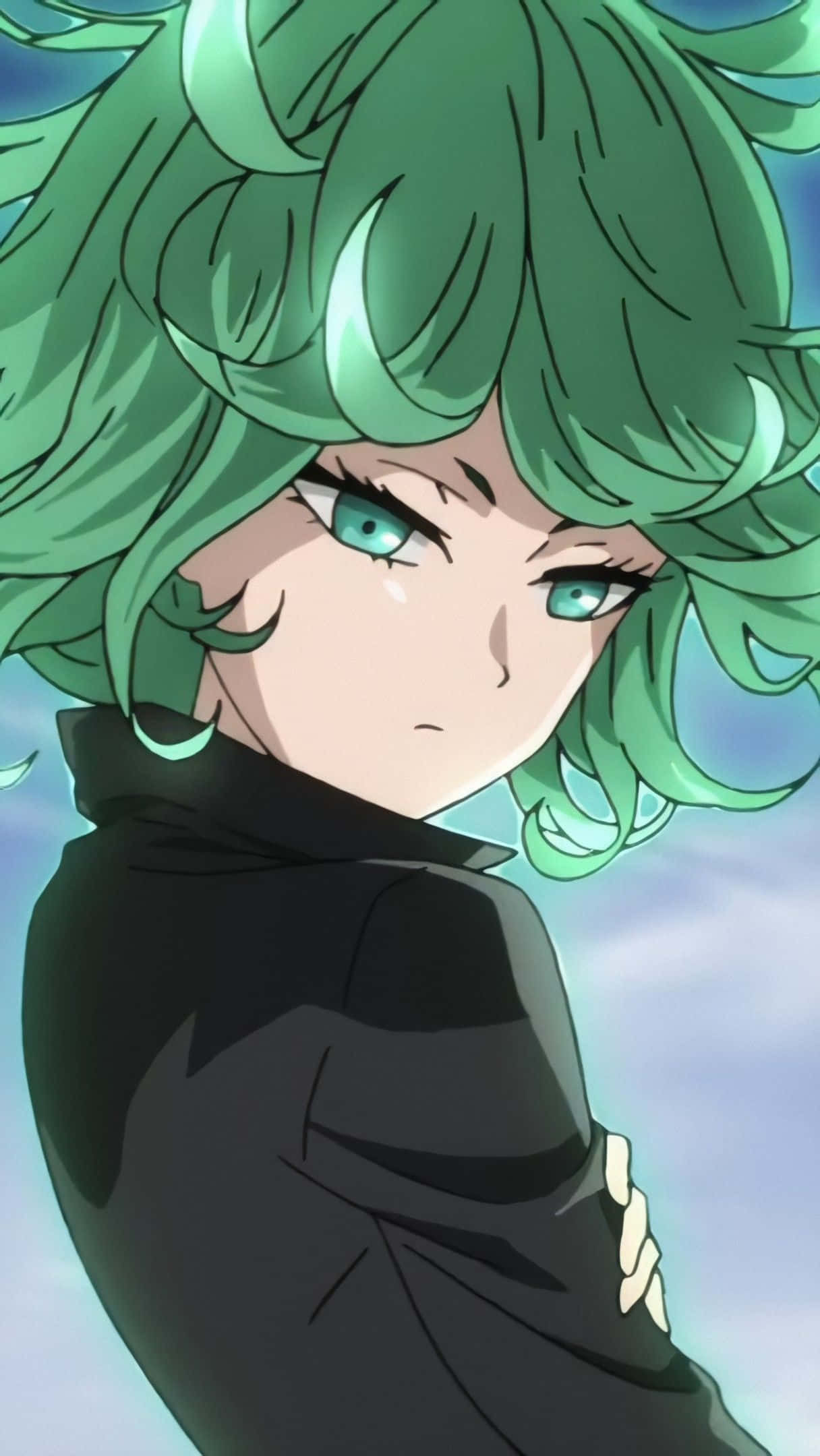 Tatsumaki, vibrant green hair, piercing blue eyes, Full HD Phone Wallpaper