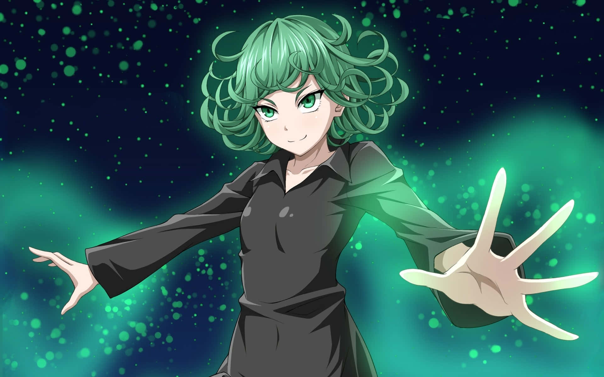 Tatsumaki, green-haired anime girl, black dress, Full HD Desktop Wallpaper