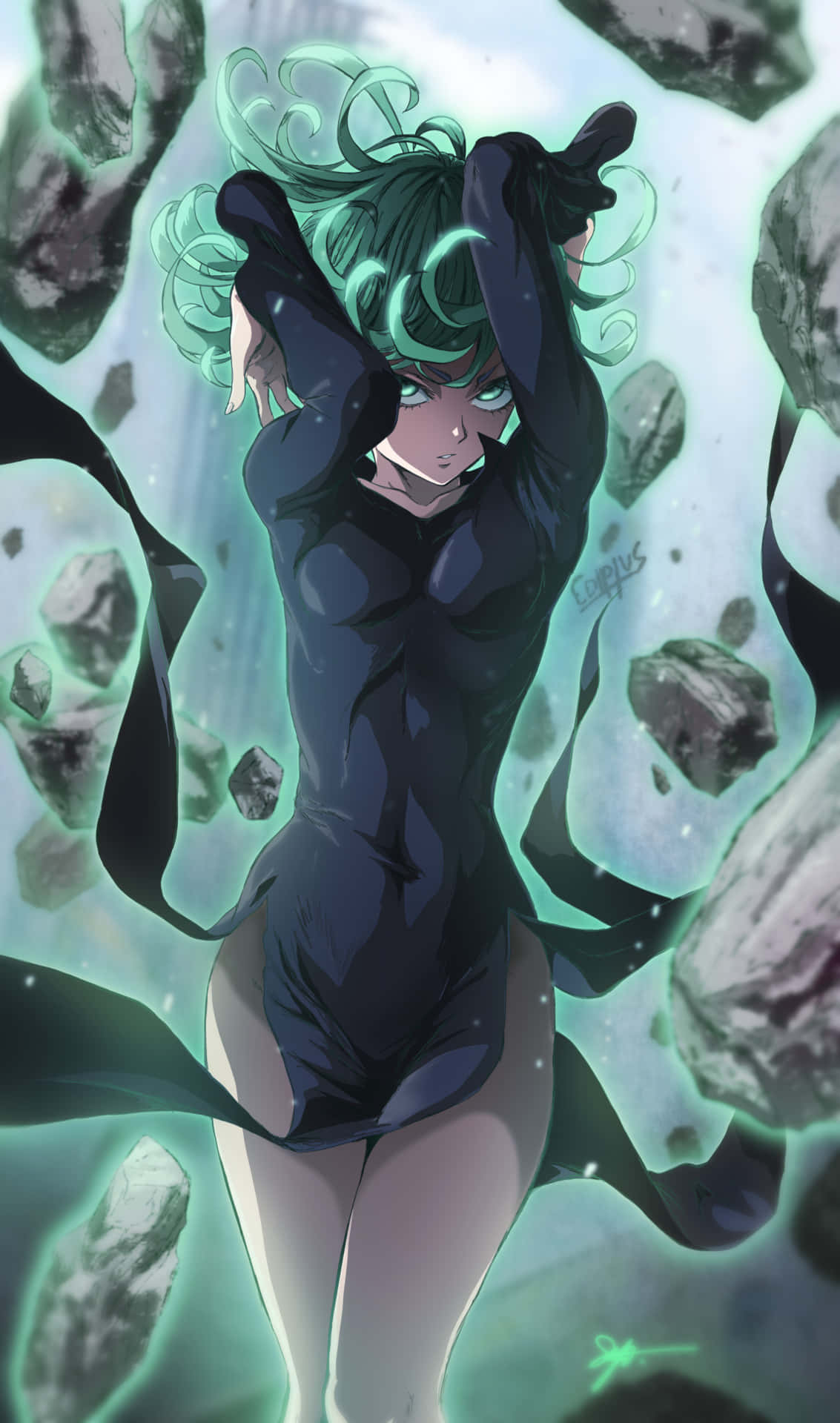 Tatsumaki, glowing green hair, glowing green eyes, Full HD Phone Wallpaper