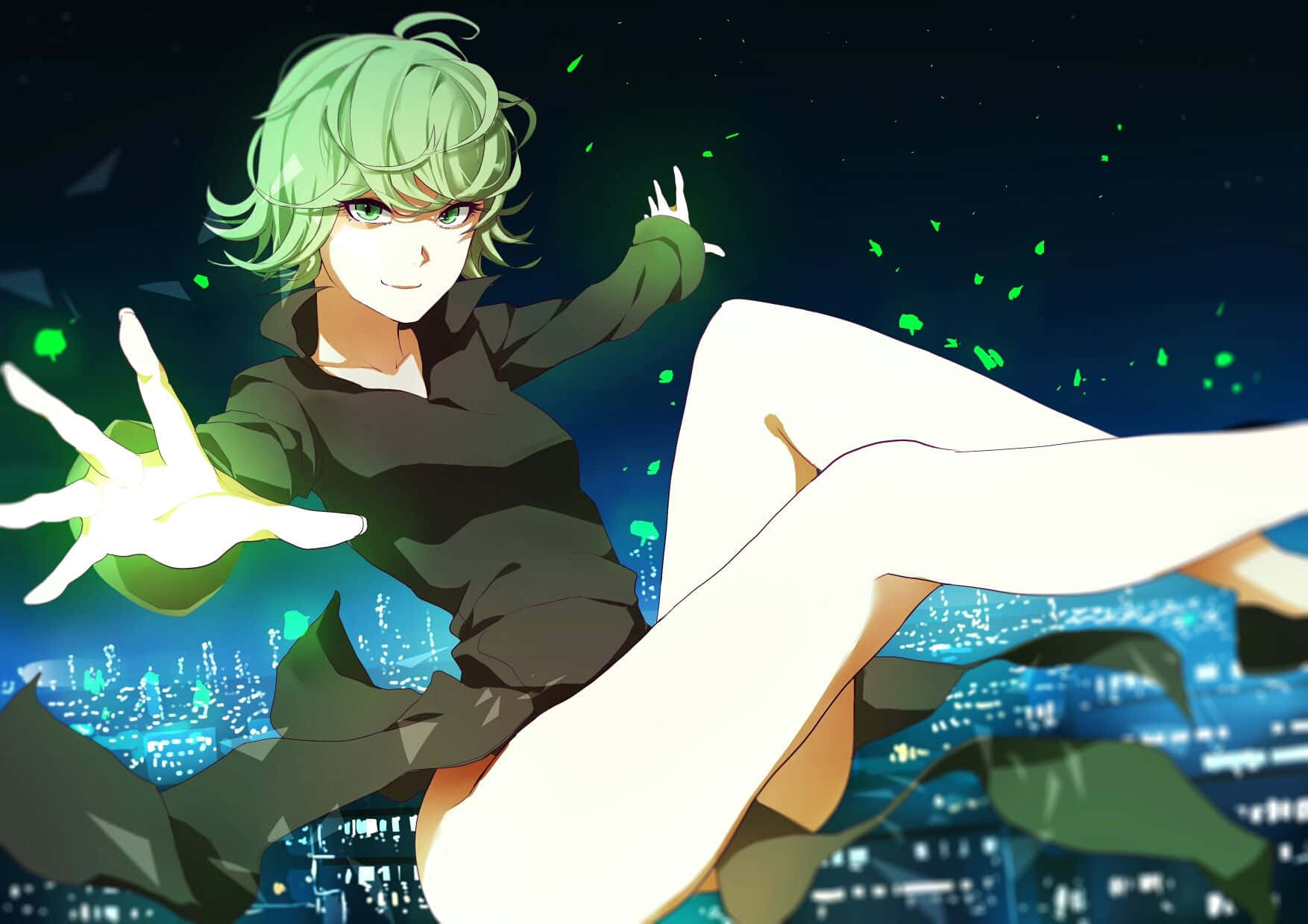 Tatsumaki, green-haired anime character, glowing cityscape, HD Desktop Wallpaper