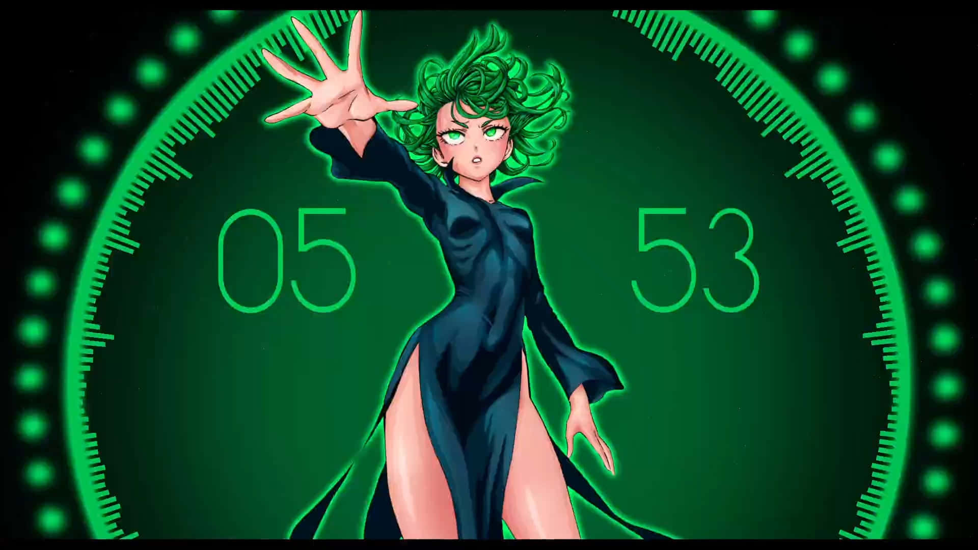 Tatsumaki, green-haired anime girl, black dress, Full HD Desktop Wallpaper