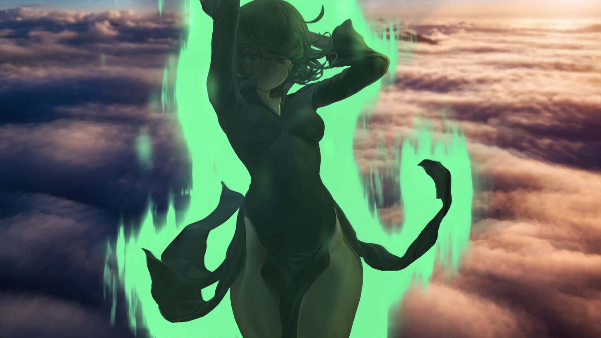 Tatsumaki, dark-haired anime girl, glowing green aura, Full HD Desktop Wallpaper