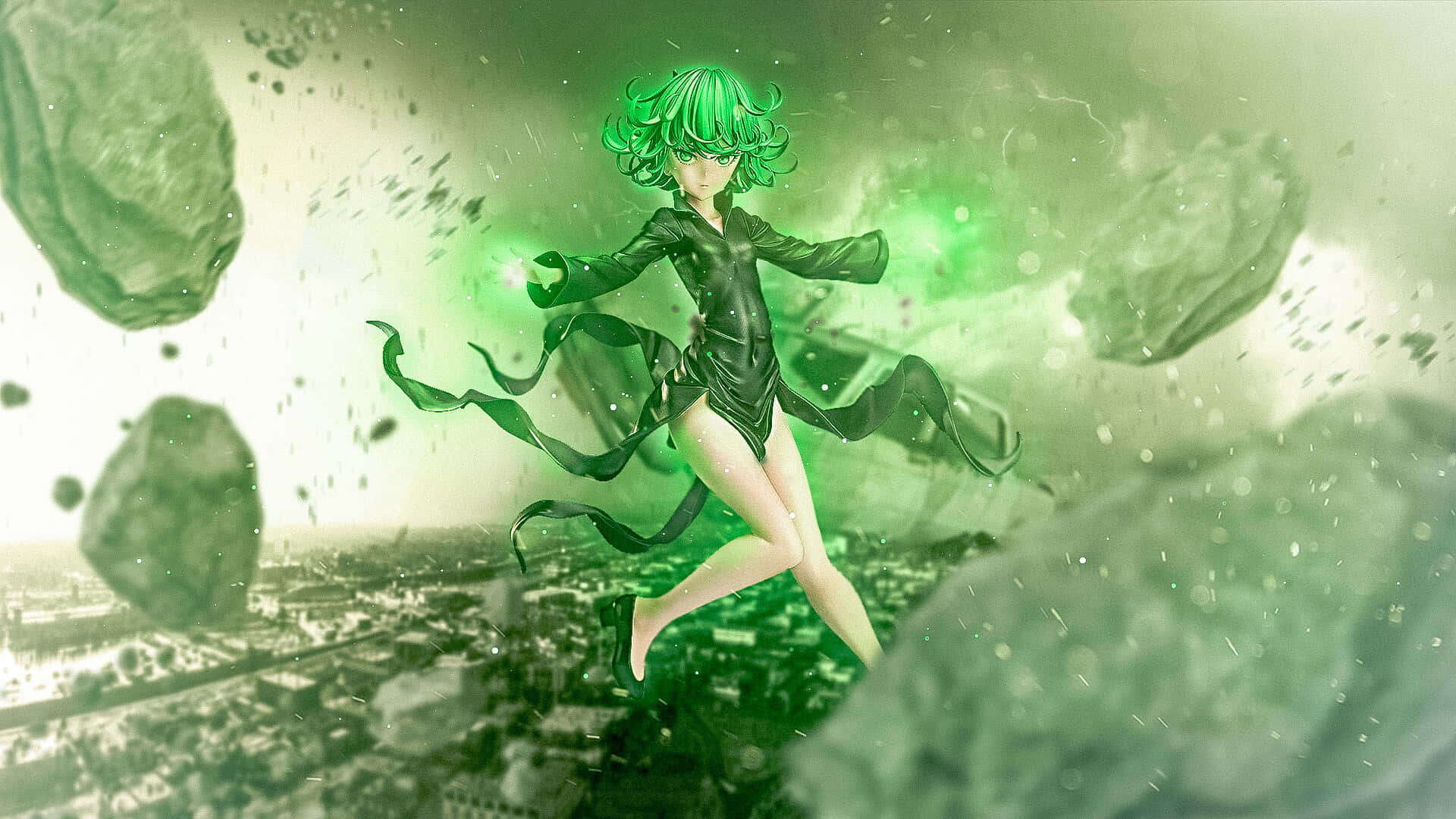 Tatsumaki, green-haired anime girl, black dress, Full HD Desktop Wallpaper