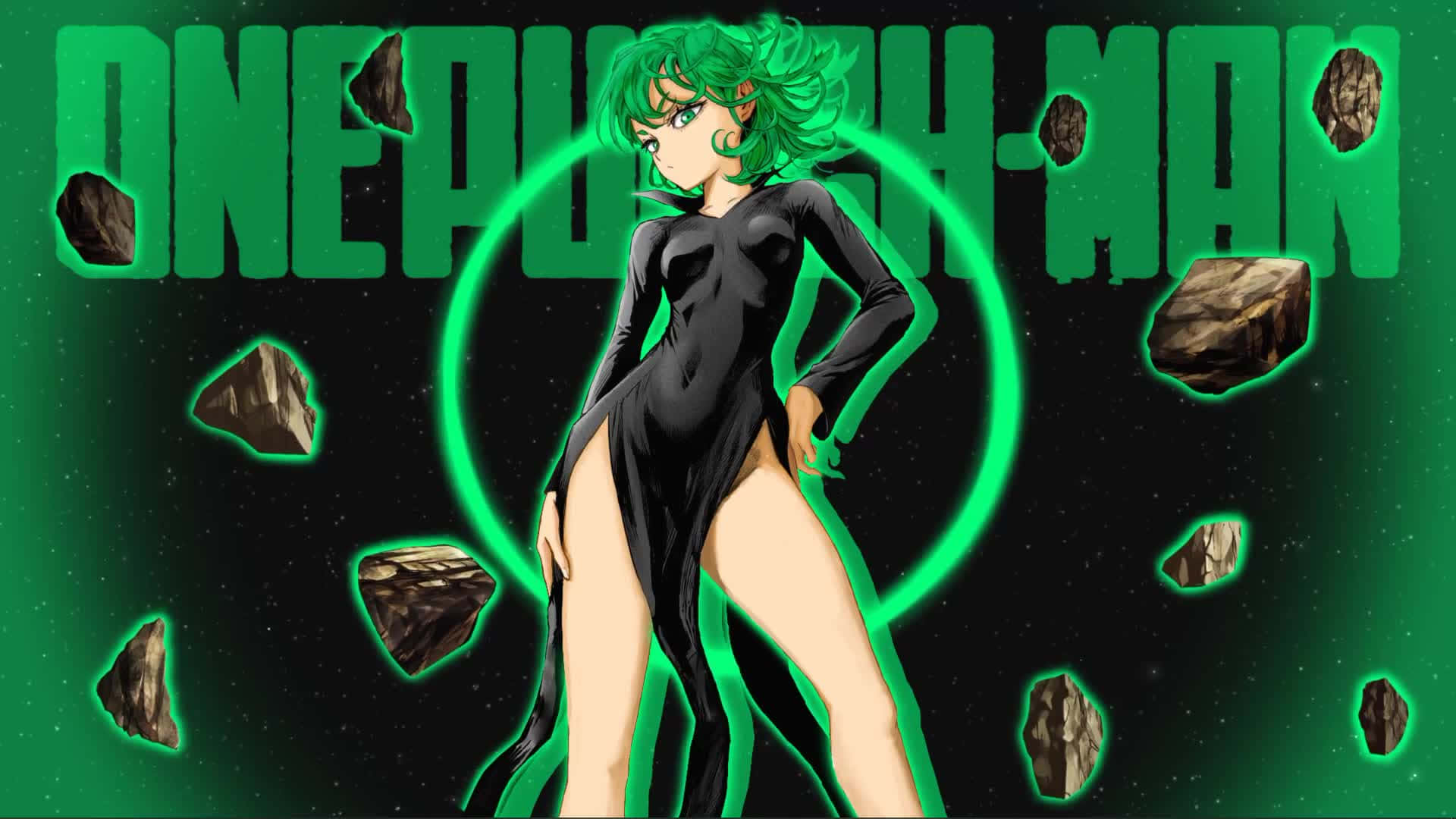 Tatsumaki, green-haired anime woman, black bodysuit, Full HD Desktop Wallpaper