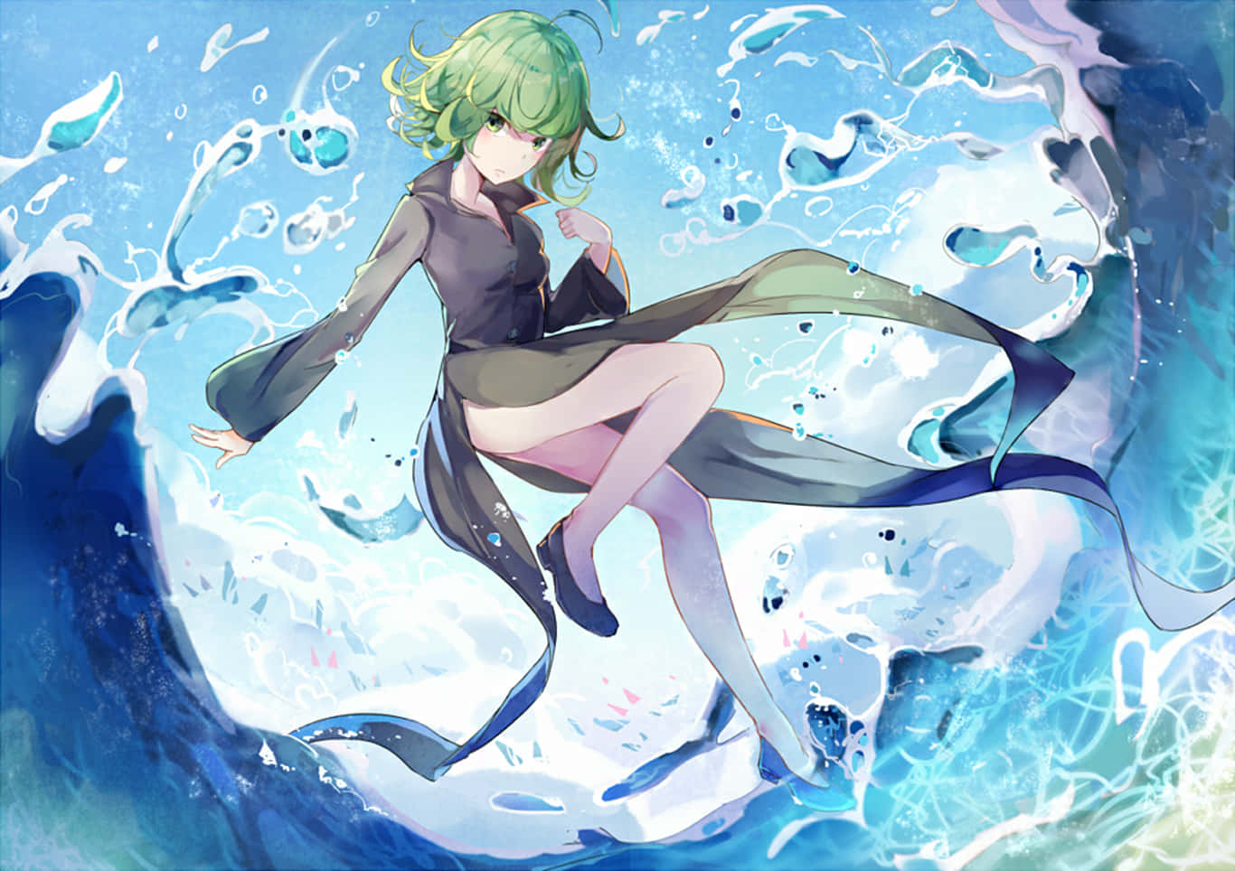 Tatsumaki, green-haired anime girl, dark dress, HD Desktop Wallpaper