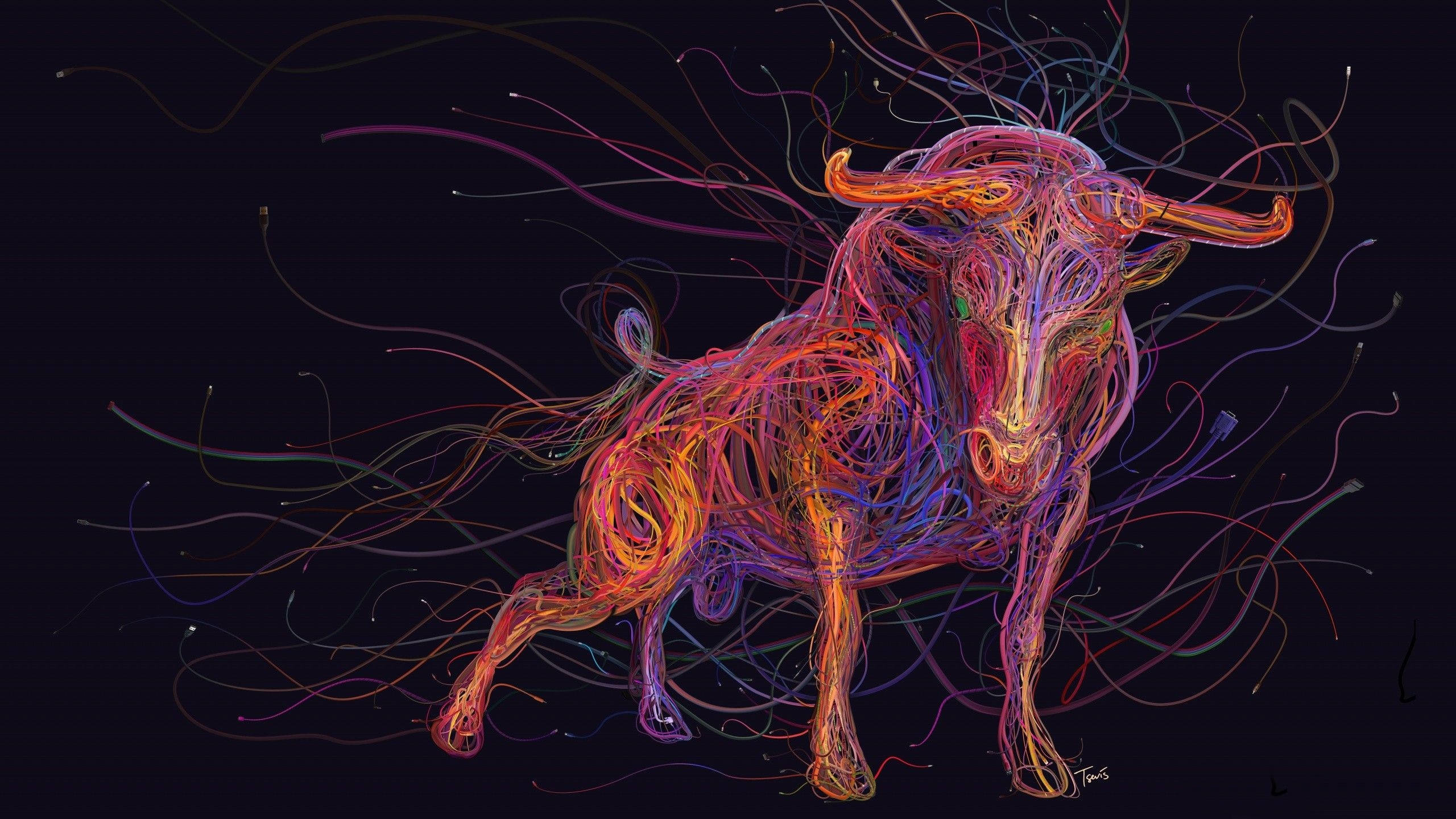 Taurus Aesthetic, neon lines, abstract bull, 2K Desktop Wallpaper