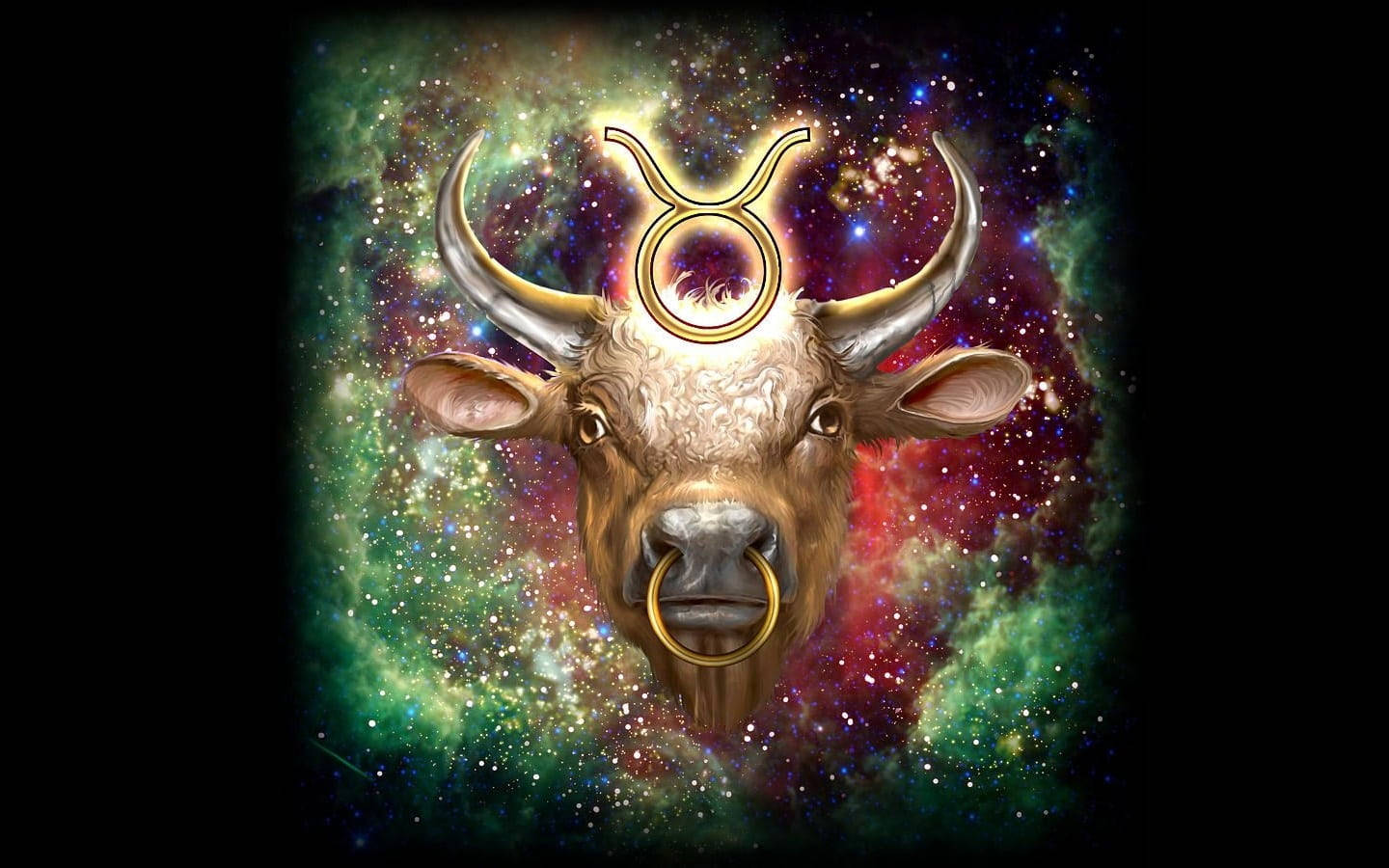 Cosmic Taurus Zodiac, golden horns, nose ring, HD Desktop Wallpaper