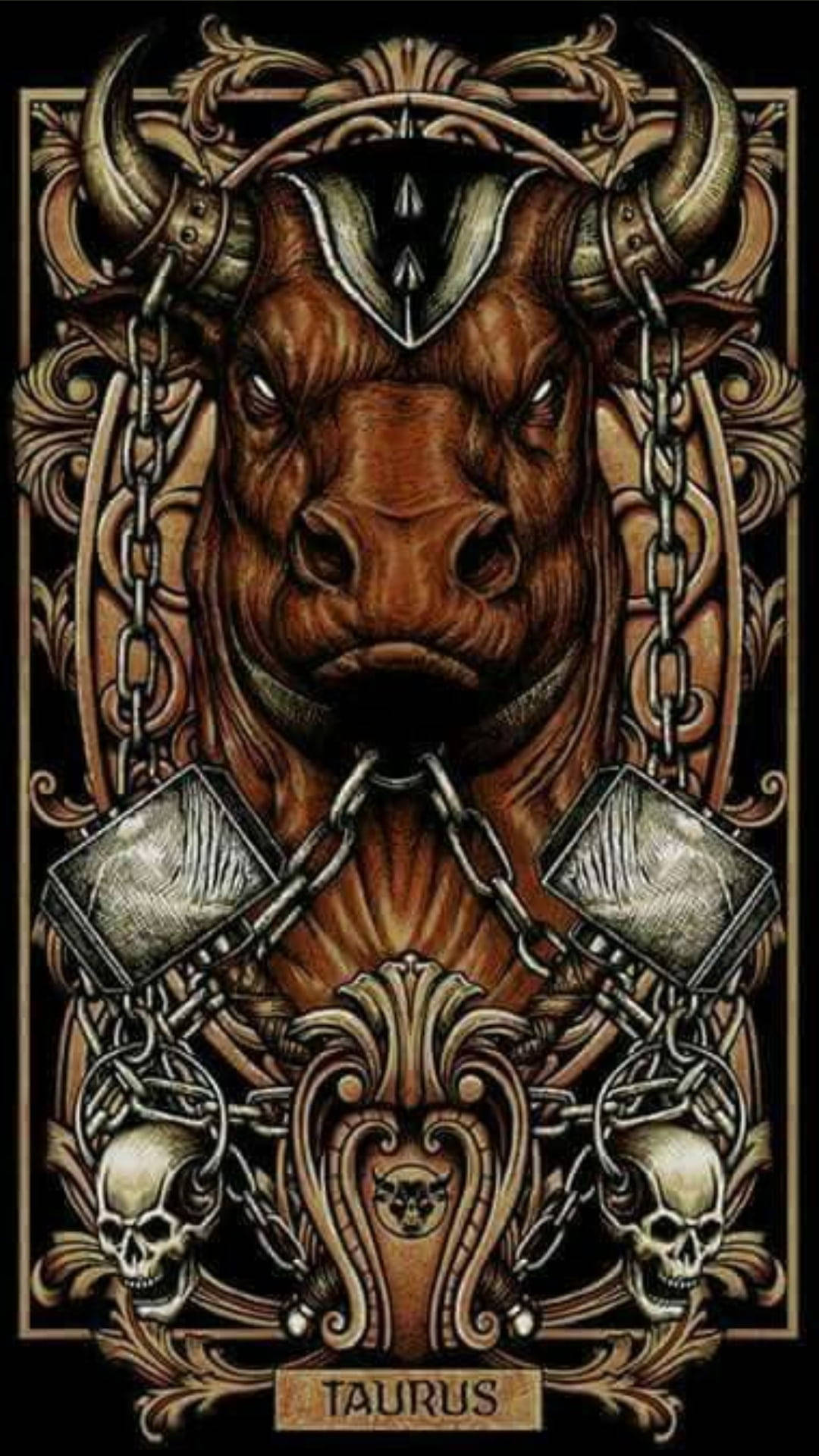 Taurus Zodiac, heavy metal tarot, ornate horns, Full HD Phone Wallpaper