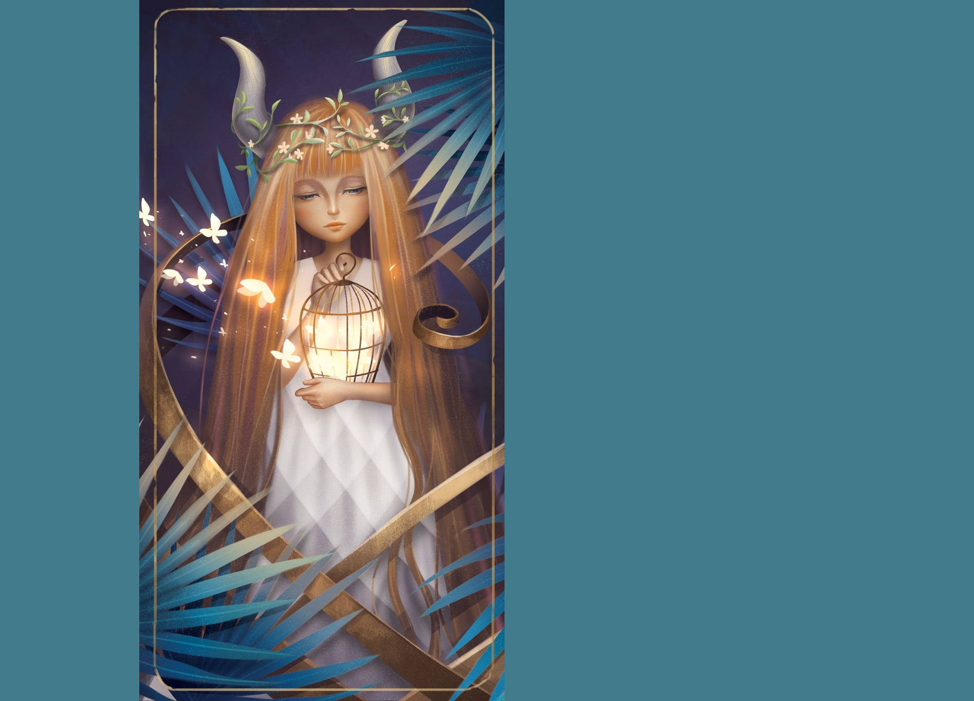 Taurus Zodiac Girl, glowing lantern, blue palm fronds, Full HD Desktop Wallpaper