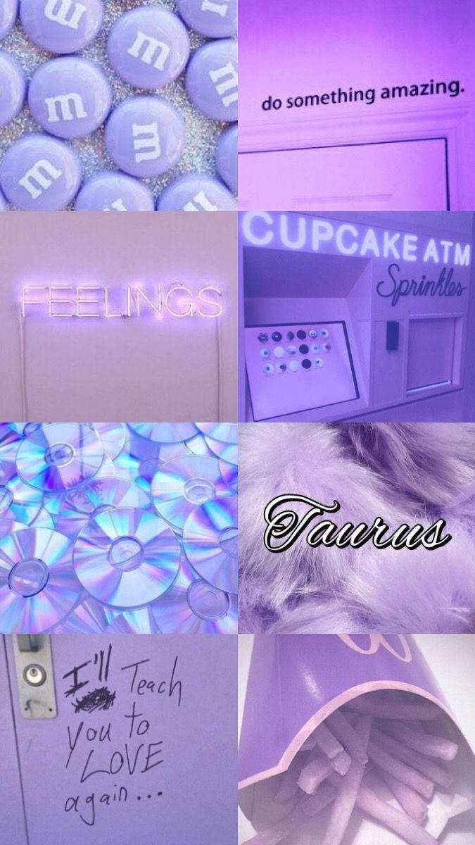 Taurus zodiac sign, purple-themed collage, M&M's glitter, SD Phone Wallpaper