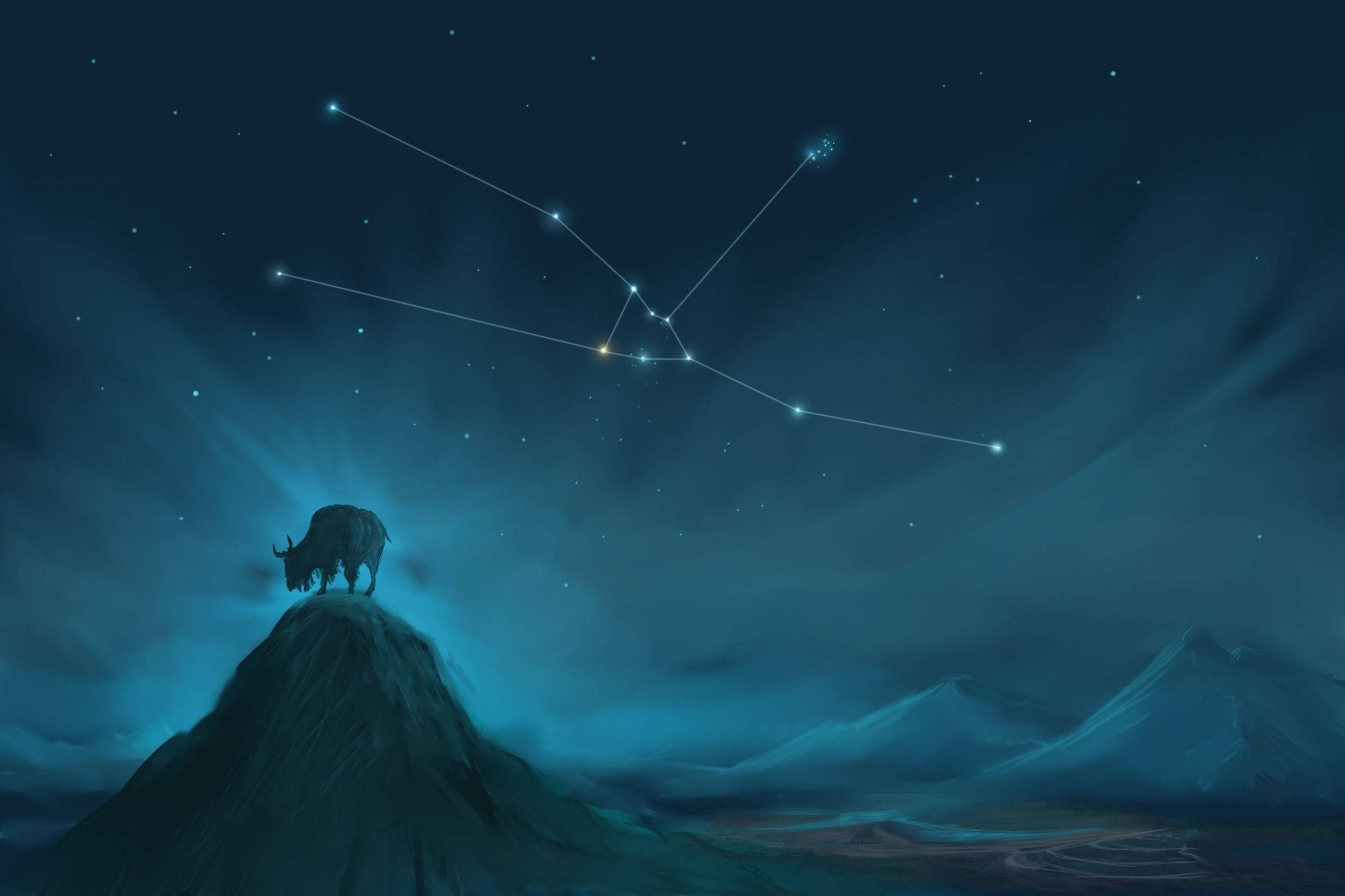 Taurus Zodiac, blue monochrome, snowy peak, Full HD Desktop Wallpaper