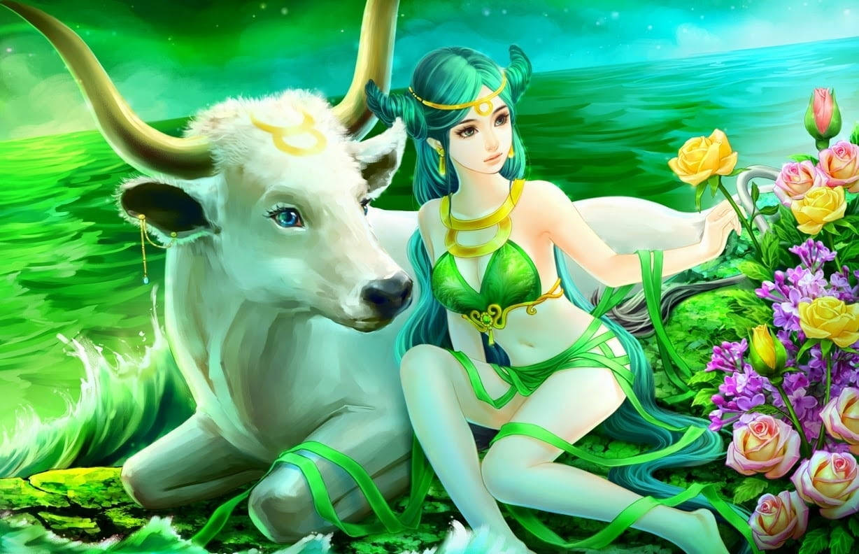 Taurus, teal hair, white bull, SD Desktop Wallpaper