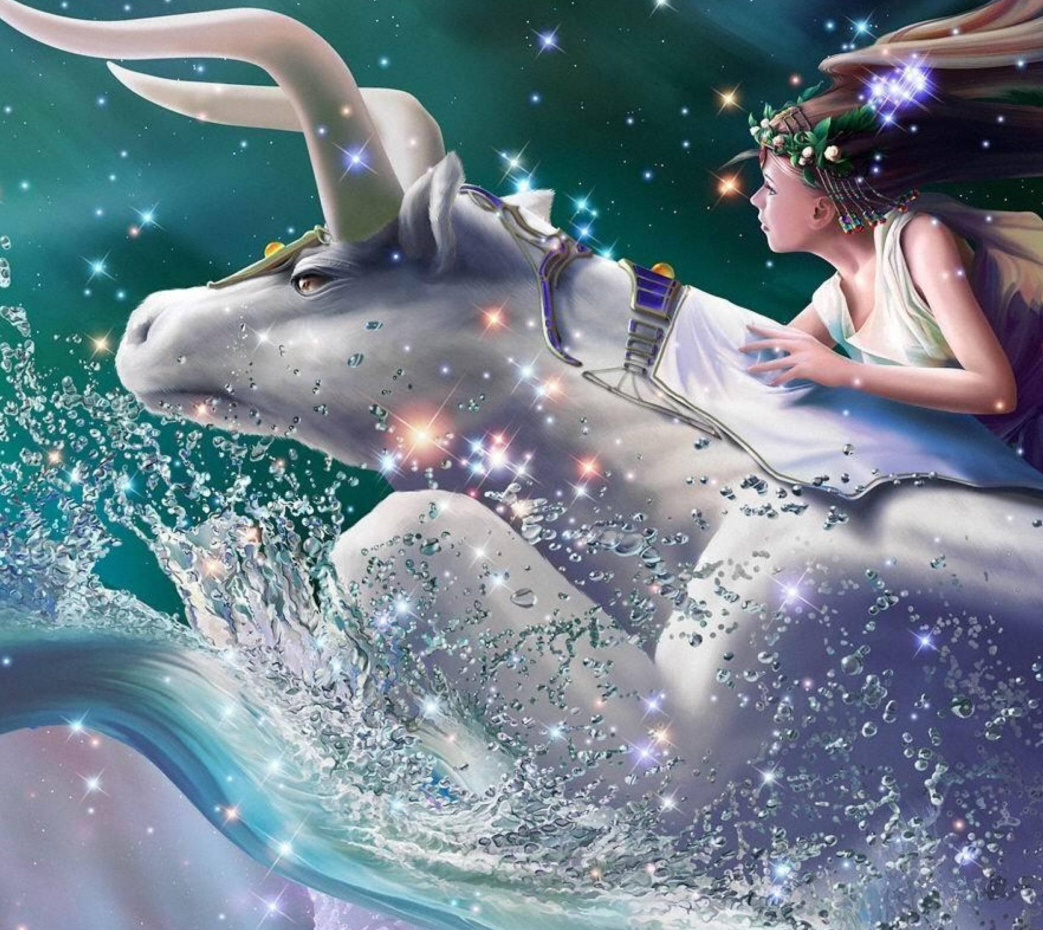 Taurus Woman, starlit white bull, cosmic waters, Full HD Desktop Wallpaper