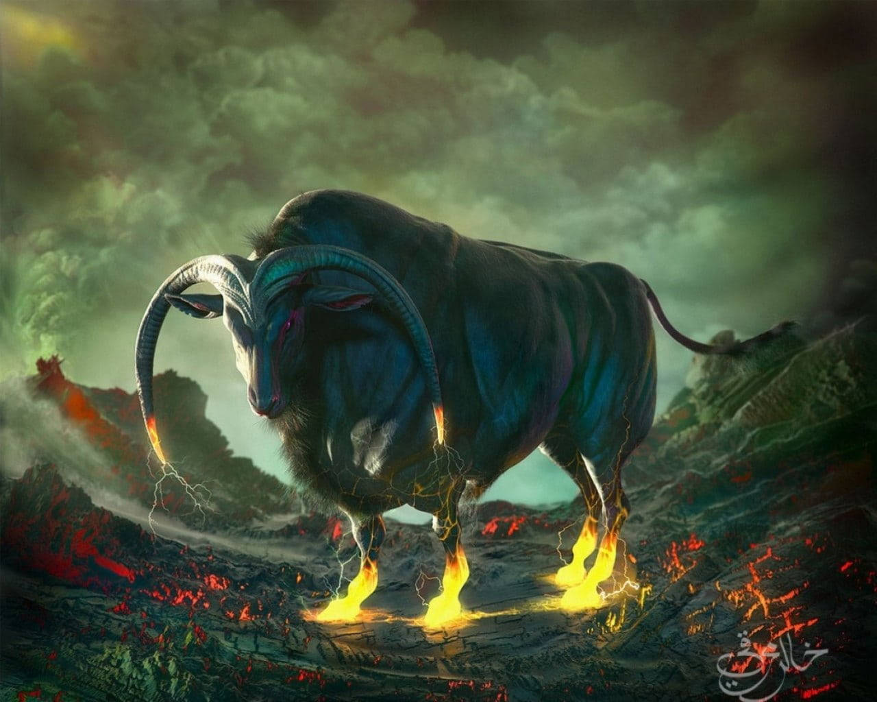 Taurus, glowing hooves, volcanic landscape, HD Desktop Wallpaper