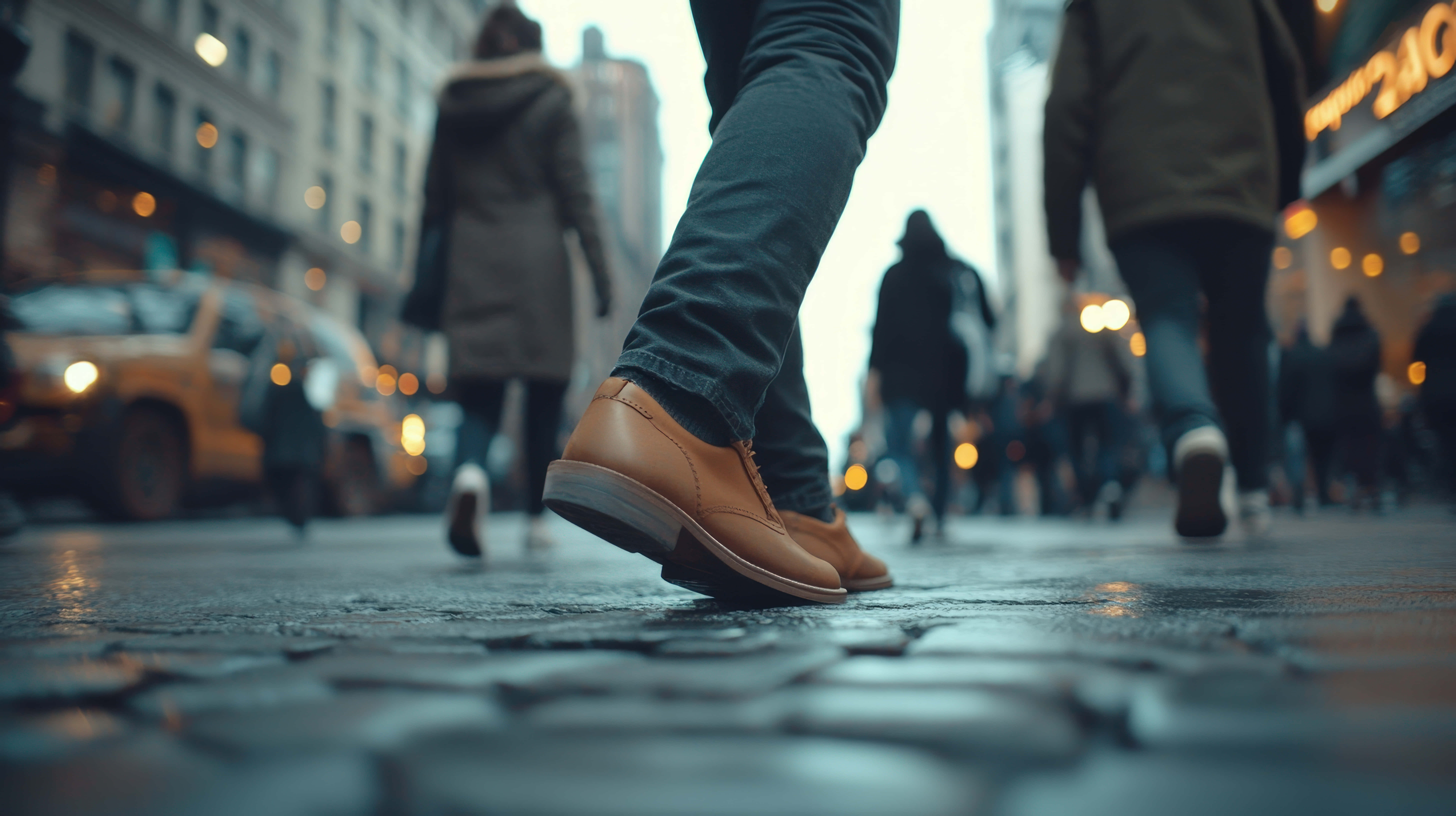 tan leather shoes, wet cobblestone street, busy city, 8K Desktop Wallpaper
