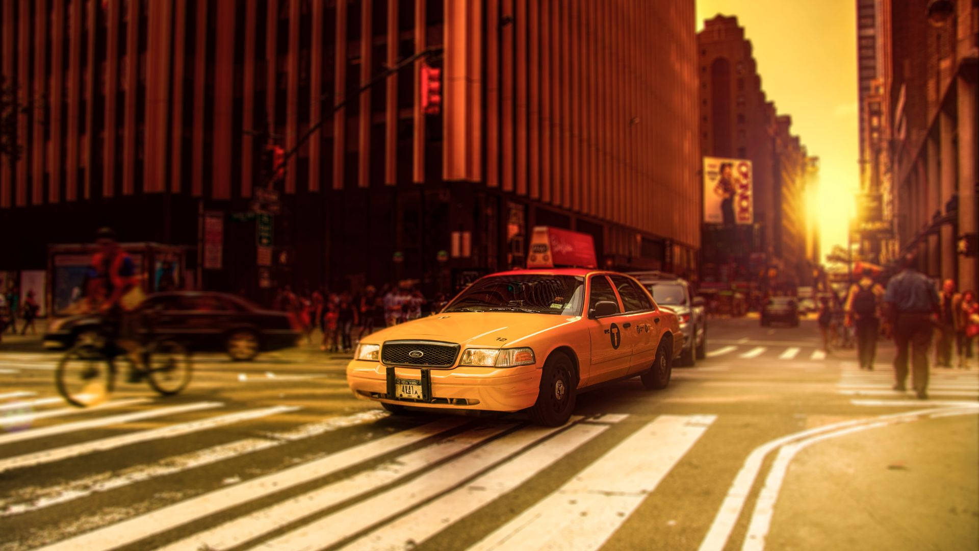 yellow taxi, bustling city street, golden sunset light, Full HD Desktop Wallpaper