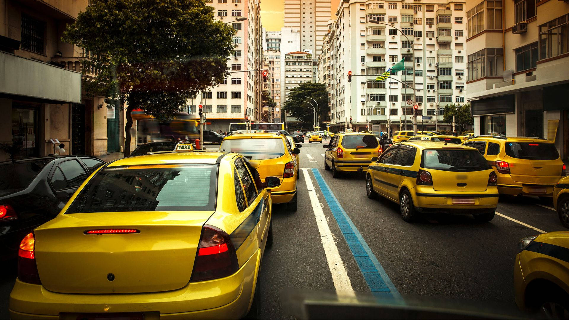 yellow taxis, bustling city street, tall buildings, Full HD Desktop Wallpaper