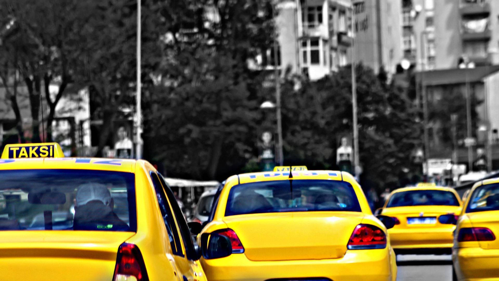 Yellow Taxi, bustling city street, black-and-white buildings, Full HD Desktop Wallpaper