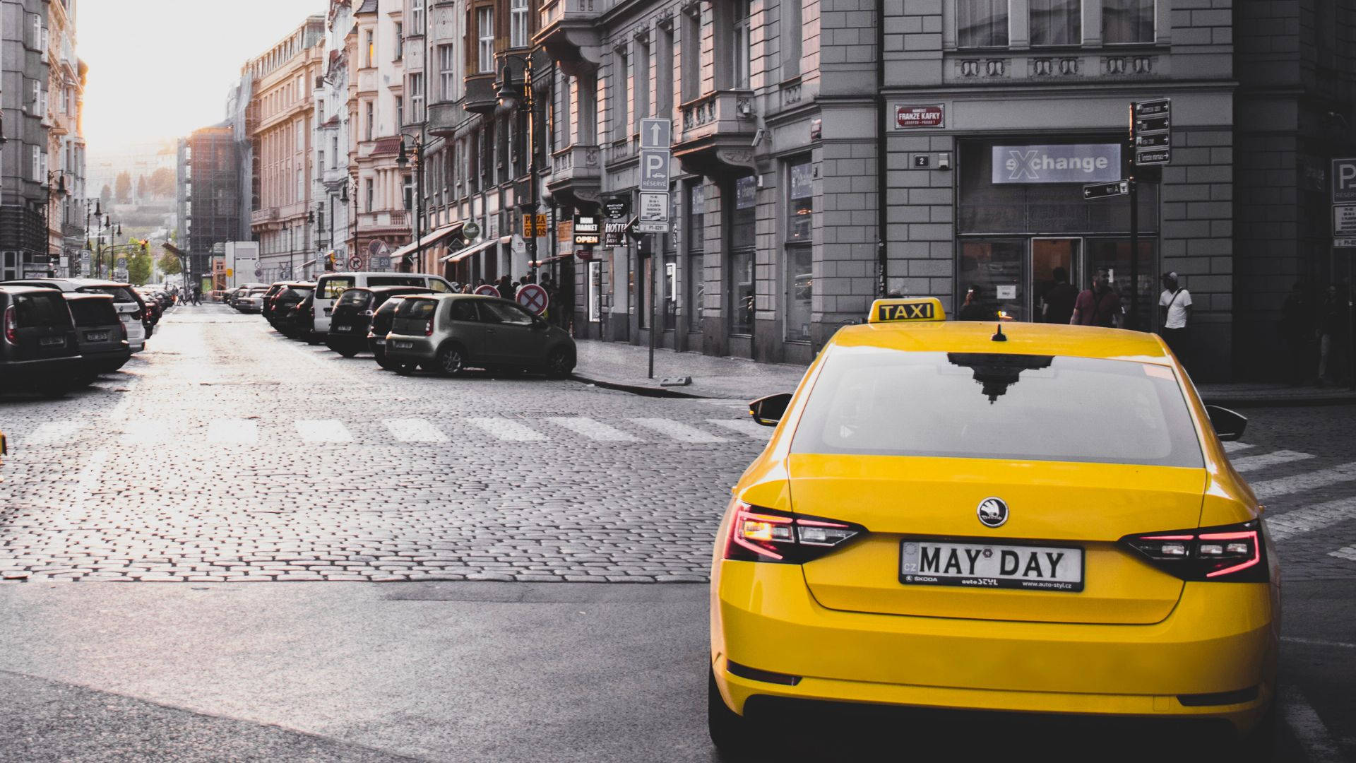 bright yellow taxi, cobblestone street, European city, Full HD Desktop Wallpaper
