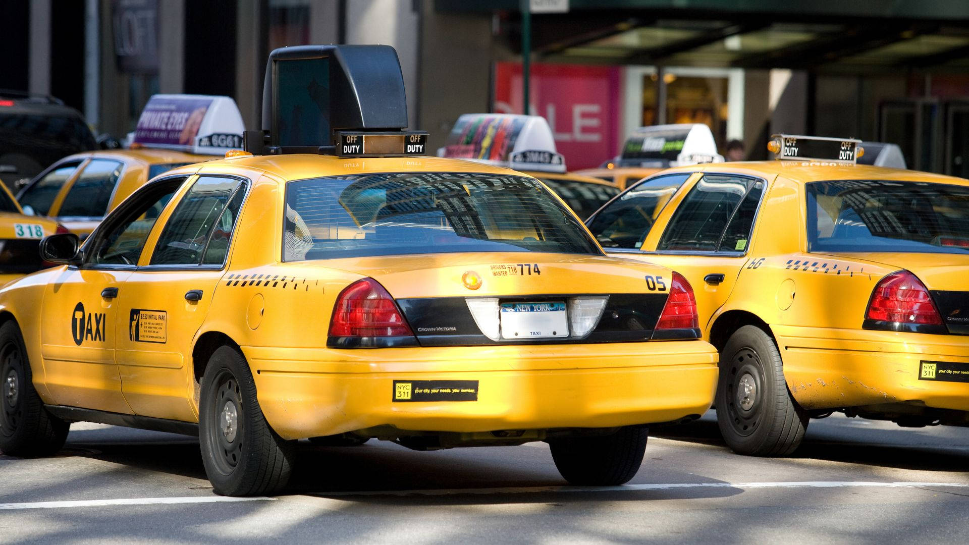 taxi, taxicab stand, bright yellow, Full HD Desktop Wallpaper