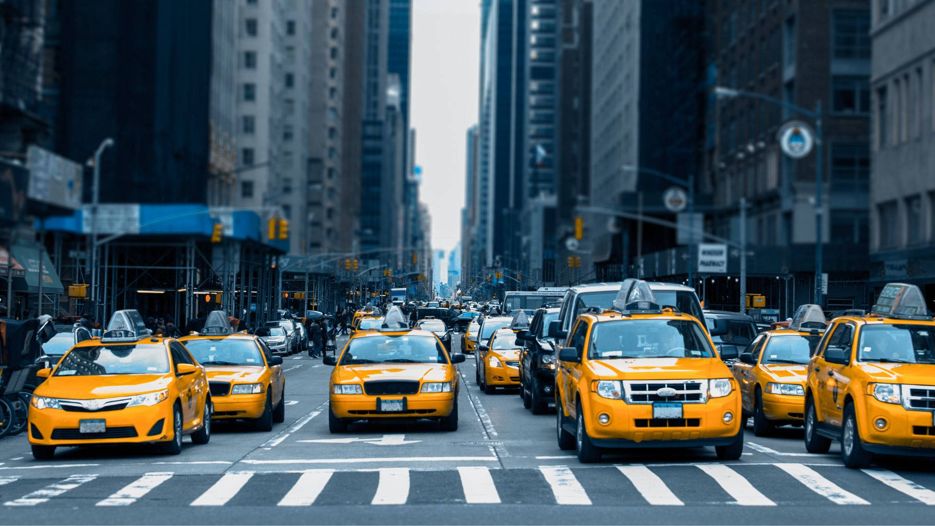 Yellow Taxi, pedestrian lane, bustling city street, Full HD Desktop Wallpaper