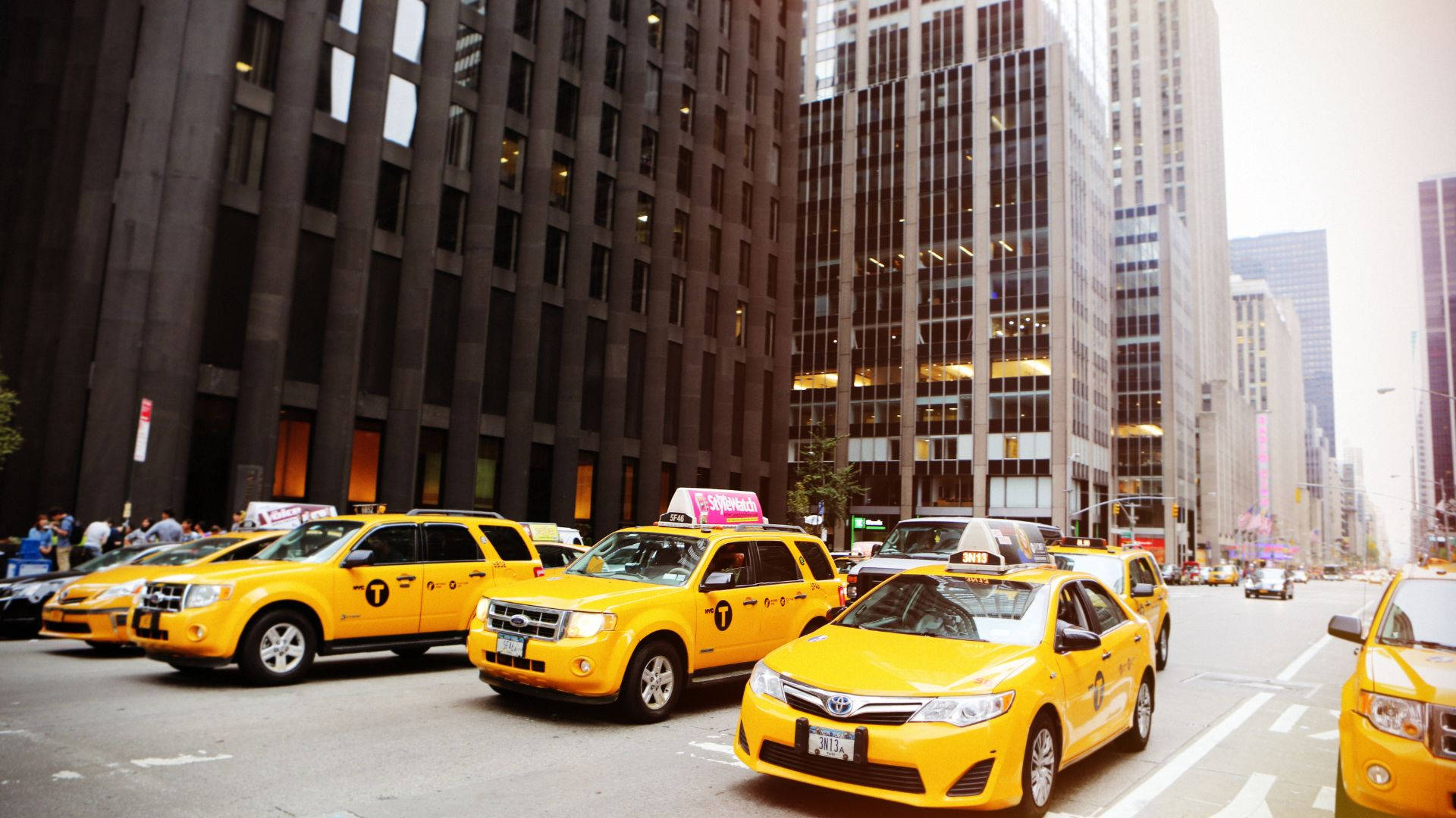 yellow taxis, city street, towering glass and steel skyscrapers, Full HD Desktop Wallpaper